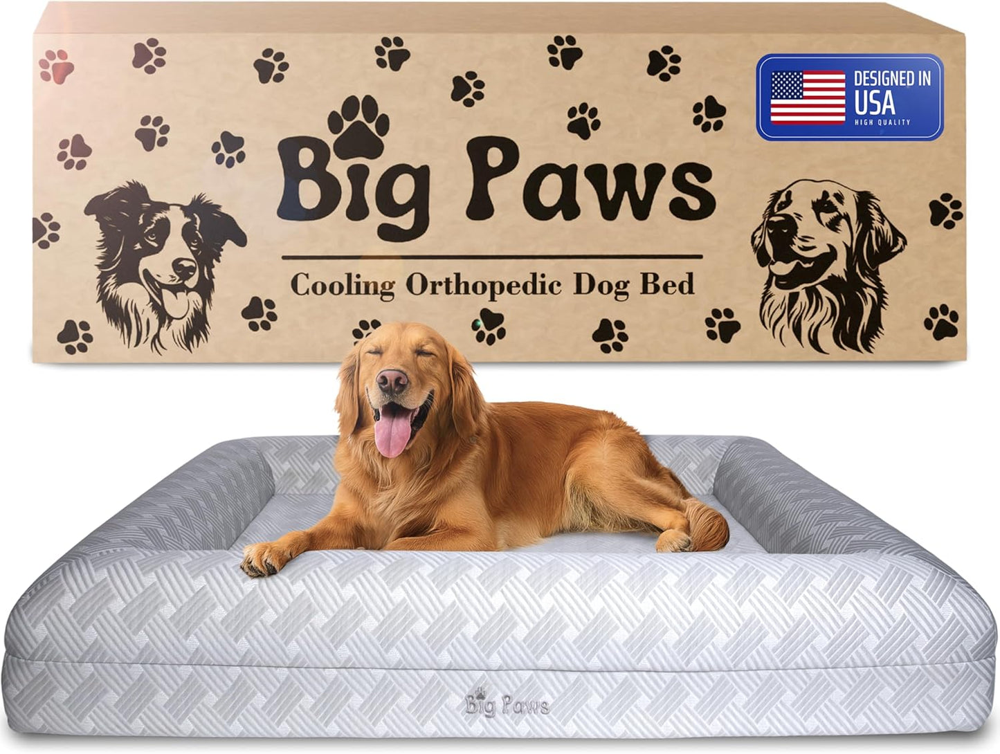Big Paws Cooling Orthopedic Dog Bed for XL & Senior Dogs + Enclosed Support, High-Density Memory Foam, Waterproof Liners, Washable Cover