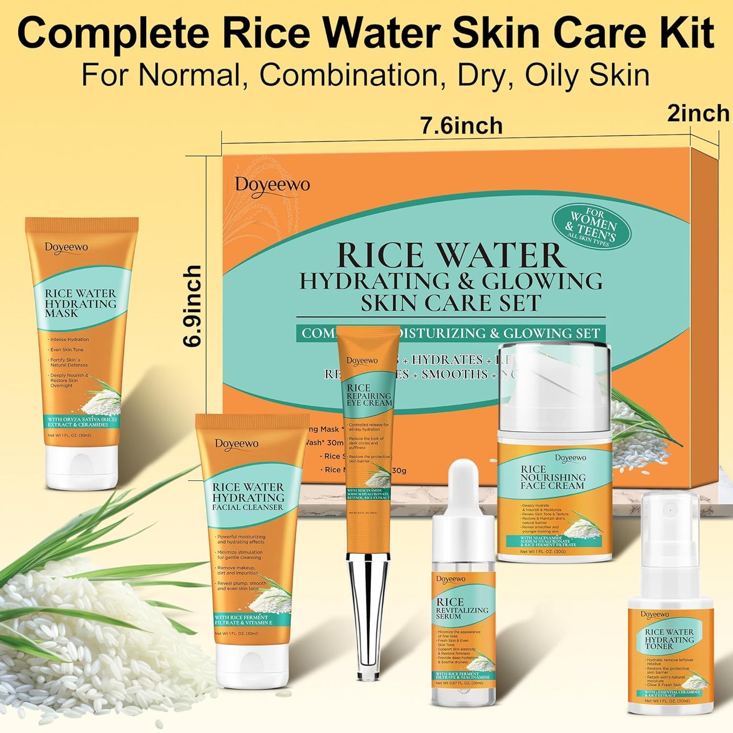 Skin Care Set,6Pcs Women Teen Glass Skincare w/Korean Rice Extract,Hydrate Glow Repair Anti-Aging Facial Routine Kit Self Care Gifts for Women Mom Wife Teenage Girl Her Valentines Day Christmas Gifts