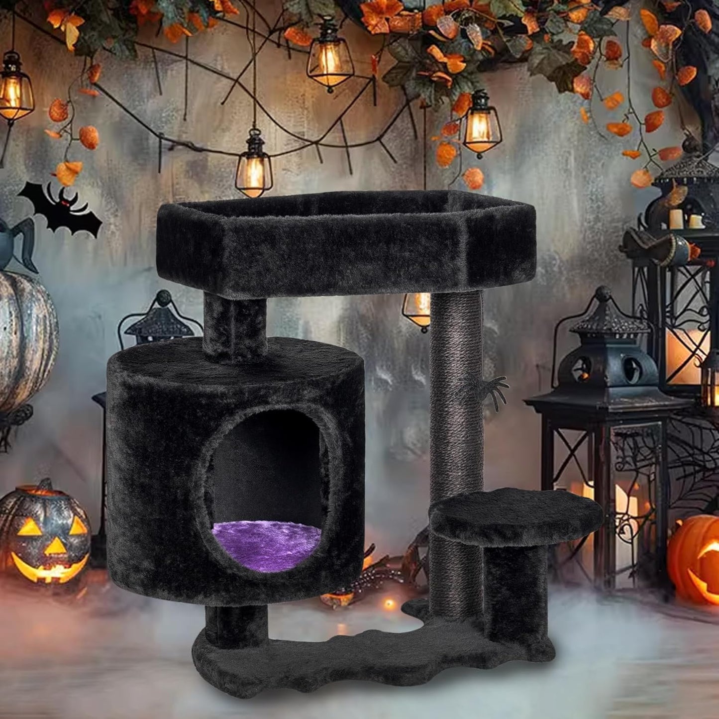 BEWISHOME Cat Tree, Gothic Cat Tree with Coffin Bed, Goth Cat Tree Tower with Scratching Posts, Cat Shelves for Kittens, Spider Toy, Black and Violet Small MMJ93Z