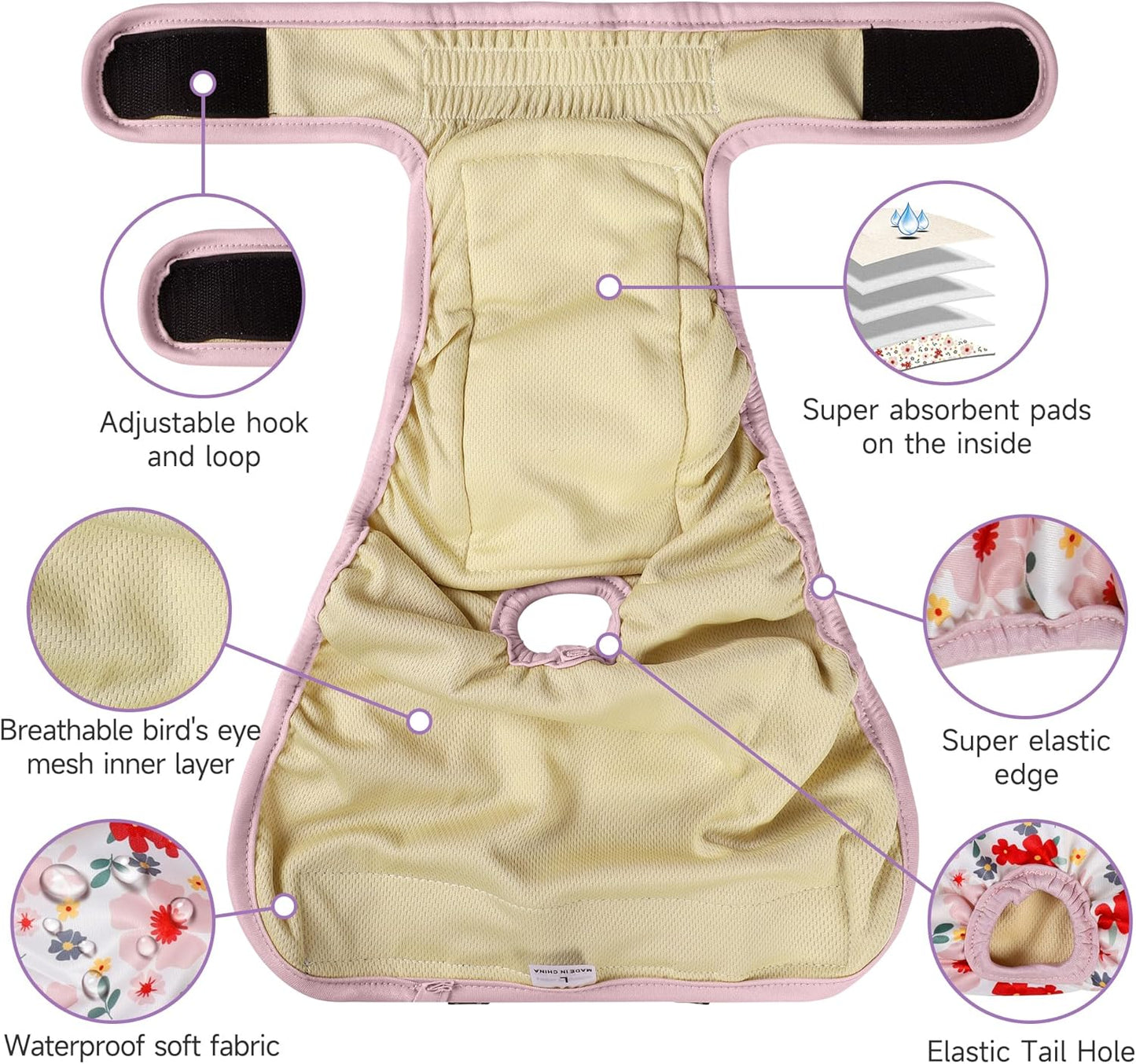 Washable Female Dog Diapers (4 Pack+1 Suspenders), Reusable Female Girl Doggy Doggie Puppy Wraps Panties Belly Band for Pet Heat Period Pooping Peeing Potty Training Incontinence Marking Flower XLarge