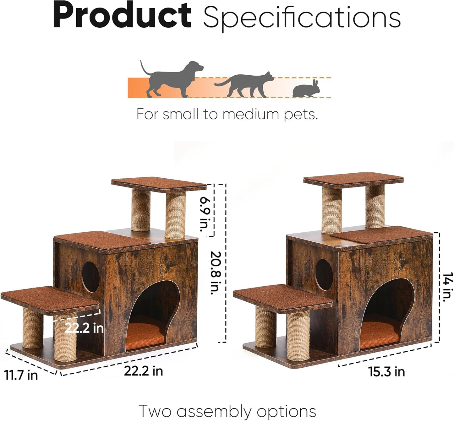 FUKUMARU 3-in-1 Pet Stairs, Retro-style Dog Steps for Cats and Small Dogs, Wooden Cat Stairs for High Bed with Scratching Post, Dog Ramp for Couch with Cat Condo Cave, Easy to Clean & Aesthetic Design