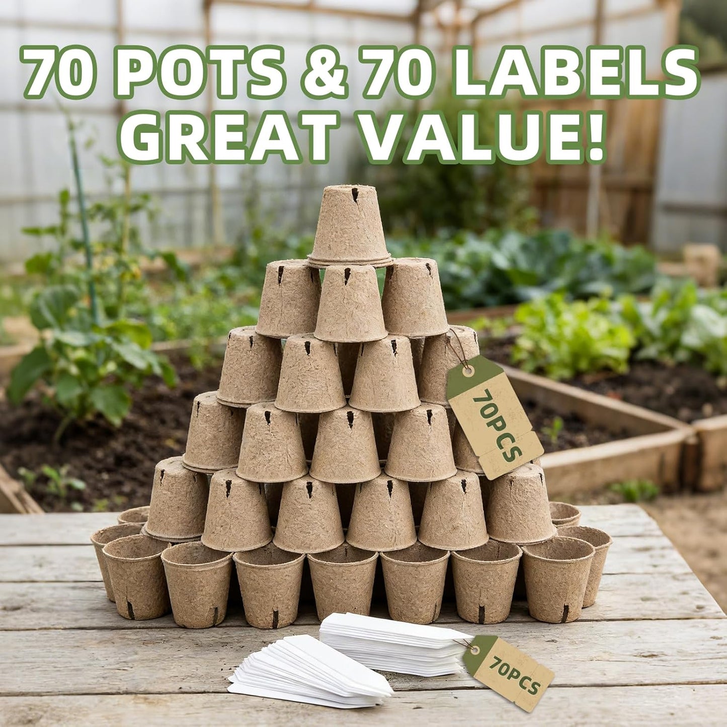 70Pcs Biodegradable 4” Peat Pots with 70Pcs Plant Labels, Biodegradable Seed Starter Pots with Drainage Holes, Nursery Pots for Seedlings, Herbs, Vegetables, Flowers, Gardening Kit