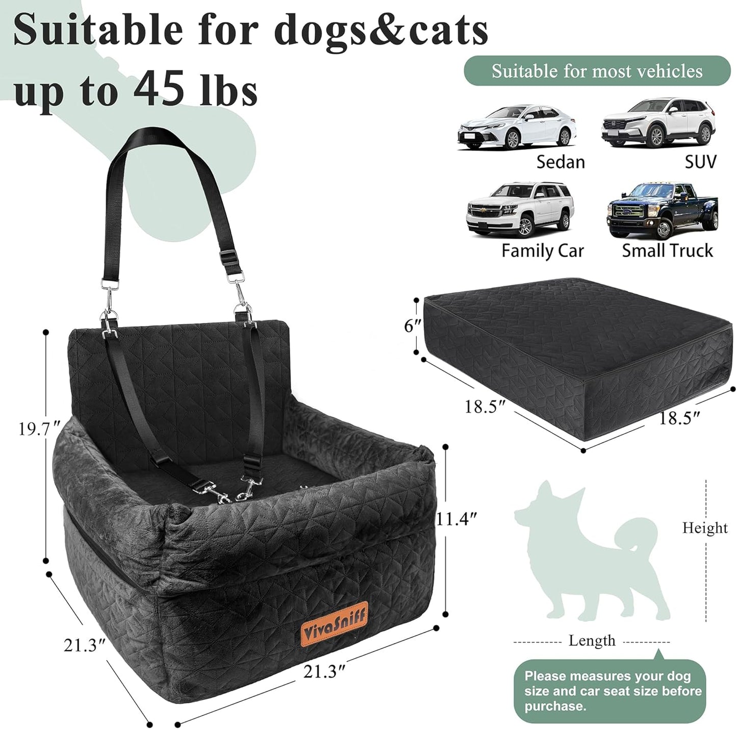 Dog Booster Car Seat for Small/Medium Dogs, VIVASNIFF 6 Inches Memory Foam Elevated Dog Pet Car Bed up to 45 lbs with 2 Safety Belts, Leakproof, Detachable and Washable (Black).