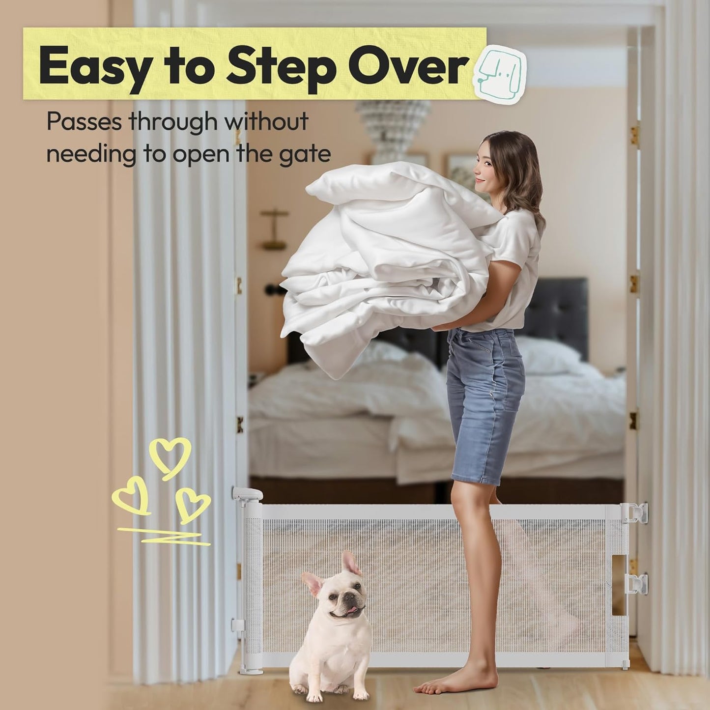 15.7" H Mesh Short Dog Gate, Extends Up to 59" W Retractable Pet Gate with Drill Installation, Small Dog Gate for Stairs, Easy Step Over Low Puppy Gate for Doorways Indoor Outdoor, White