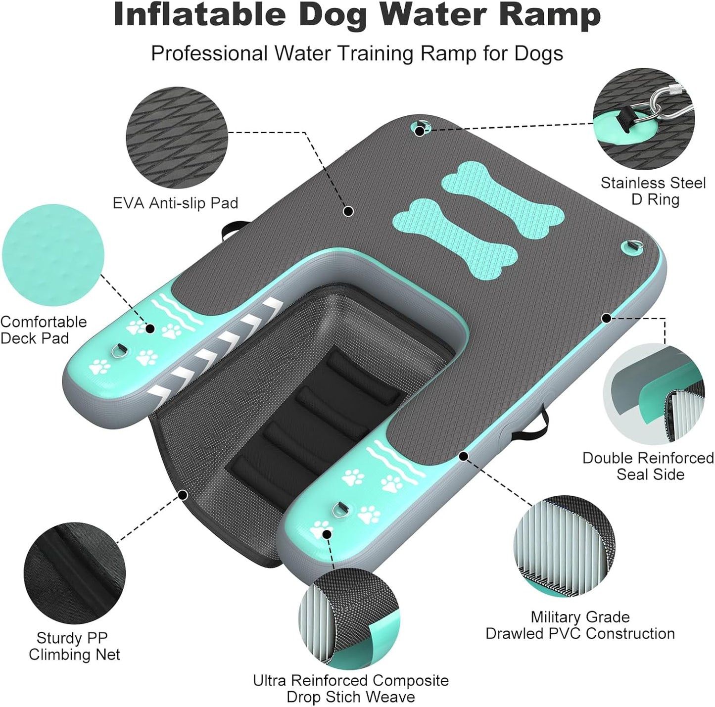 Inflatable Dog Boat Ramp for Dogs Up to 240 lbs, Inflatable Dock Floating Platform with Anti-Slip EVA Foam Safe & Easy Water Access, Dog Ramp for Boat, Pools, Lakes, Boats, Docks, Green