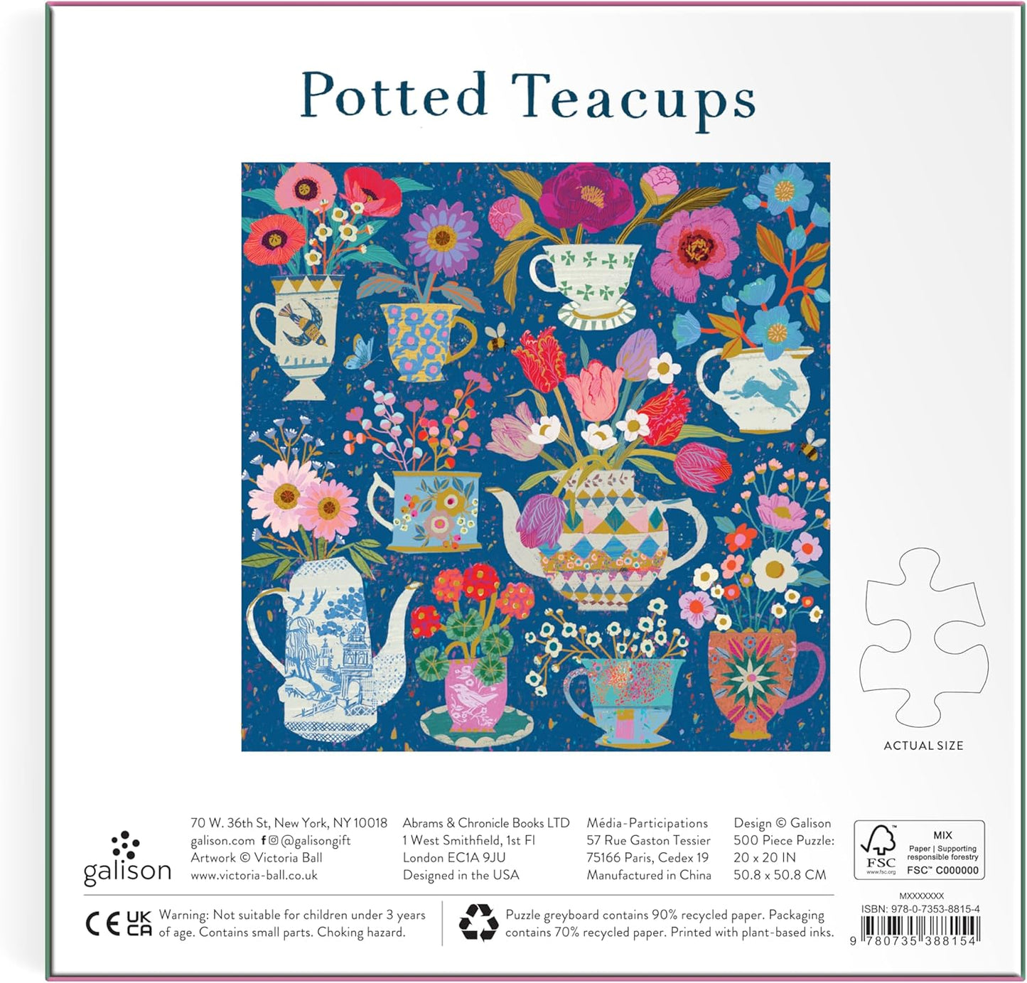Galison Potted Teacups – 500 Piece Foil Jigsaw Puzzle Featuring Beautiful Artwork of Potted Teacups with Floral Background