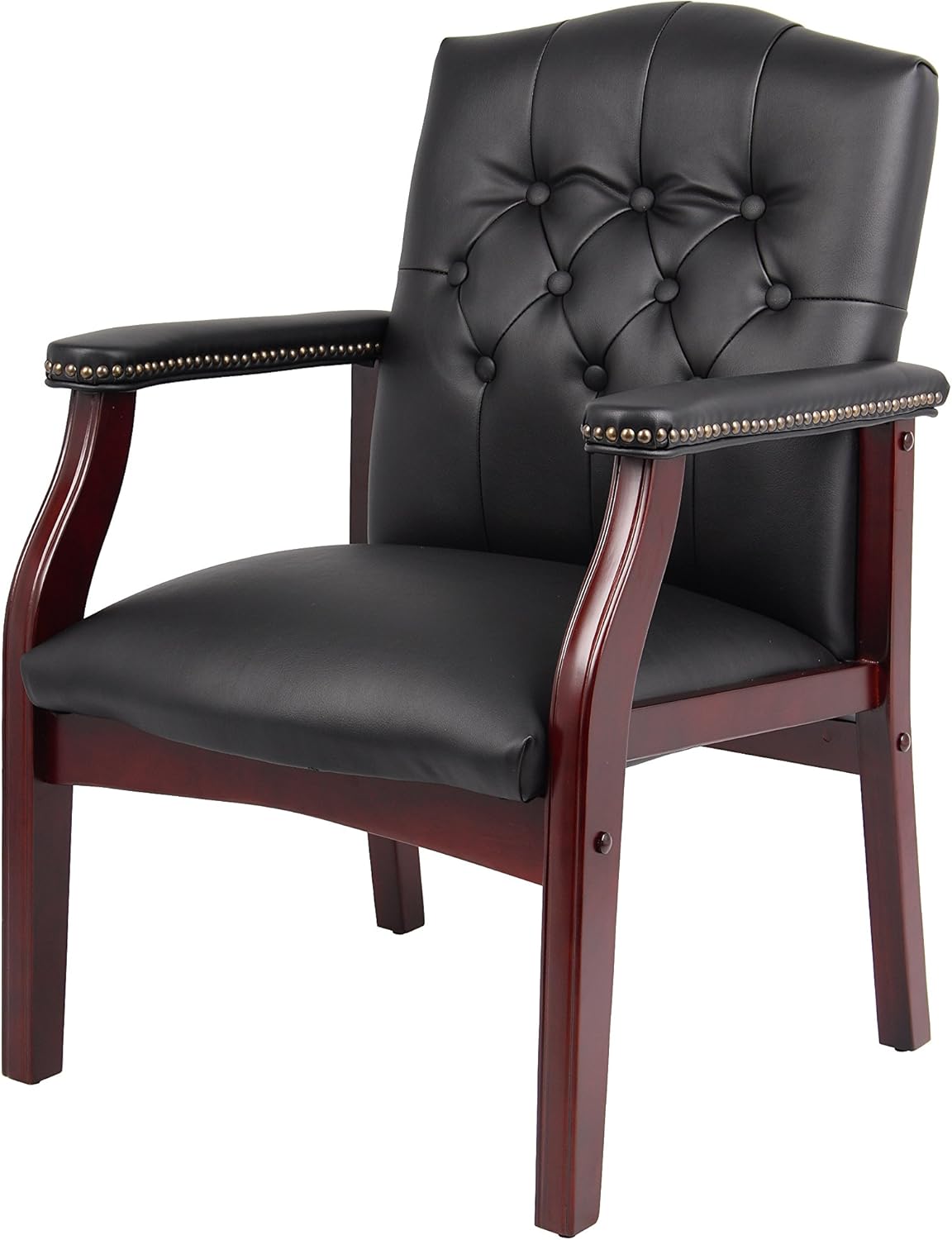 Boss Office Products Traditional Caressoft Vinyl Guest Chair with Mahogany Finish Wood Base, Black