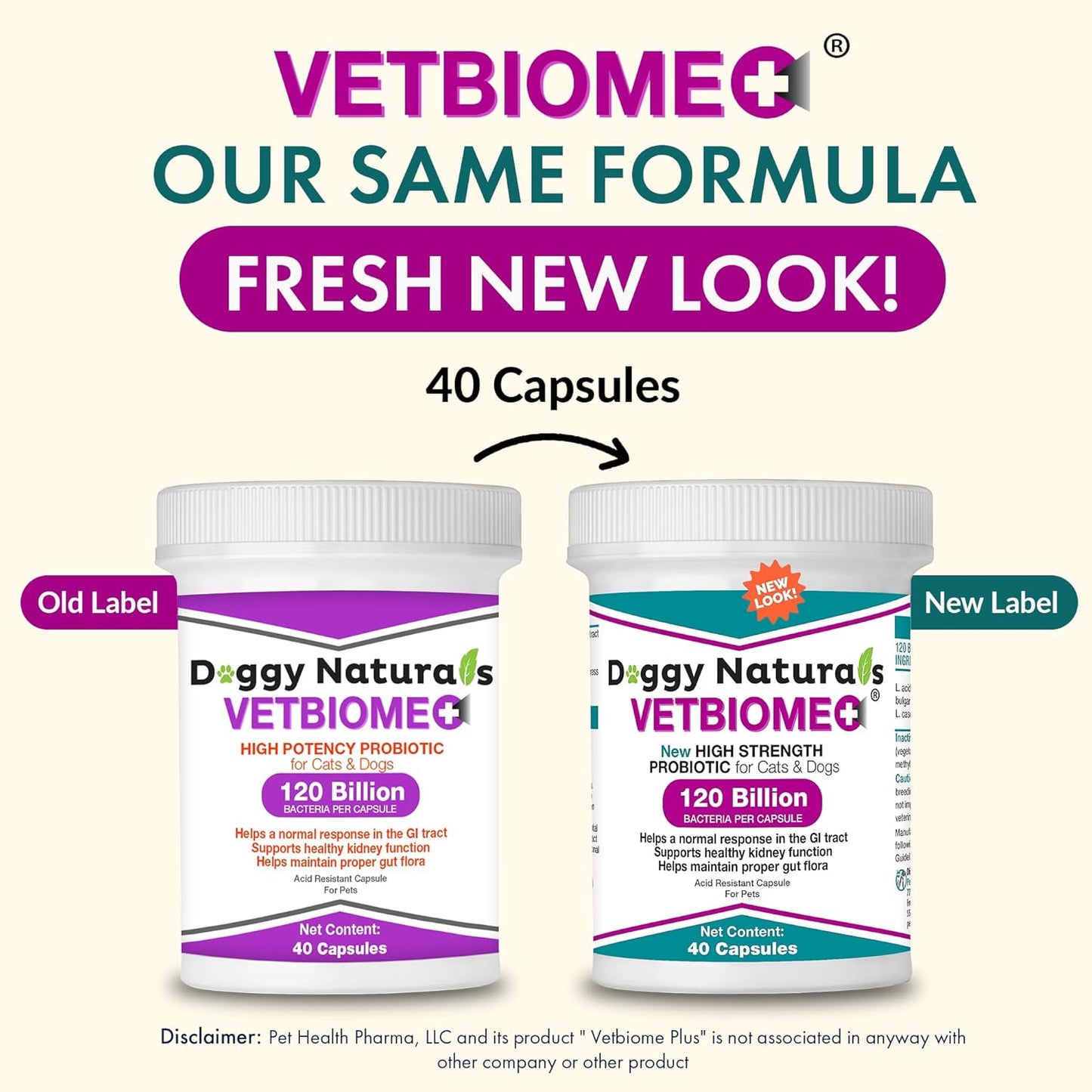 Vetbiome +® Plus High Strength Probiotics for Pets (40 Capsules) - 120 Billion CFU, 9 - Strain Formula – Third Party Tested - Made in U.S.A