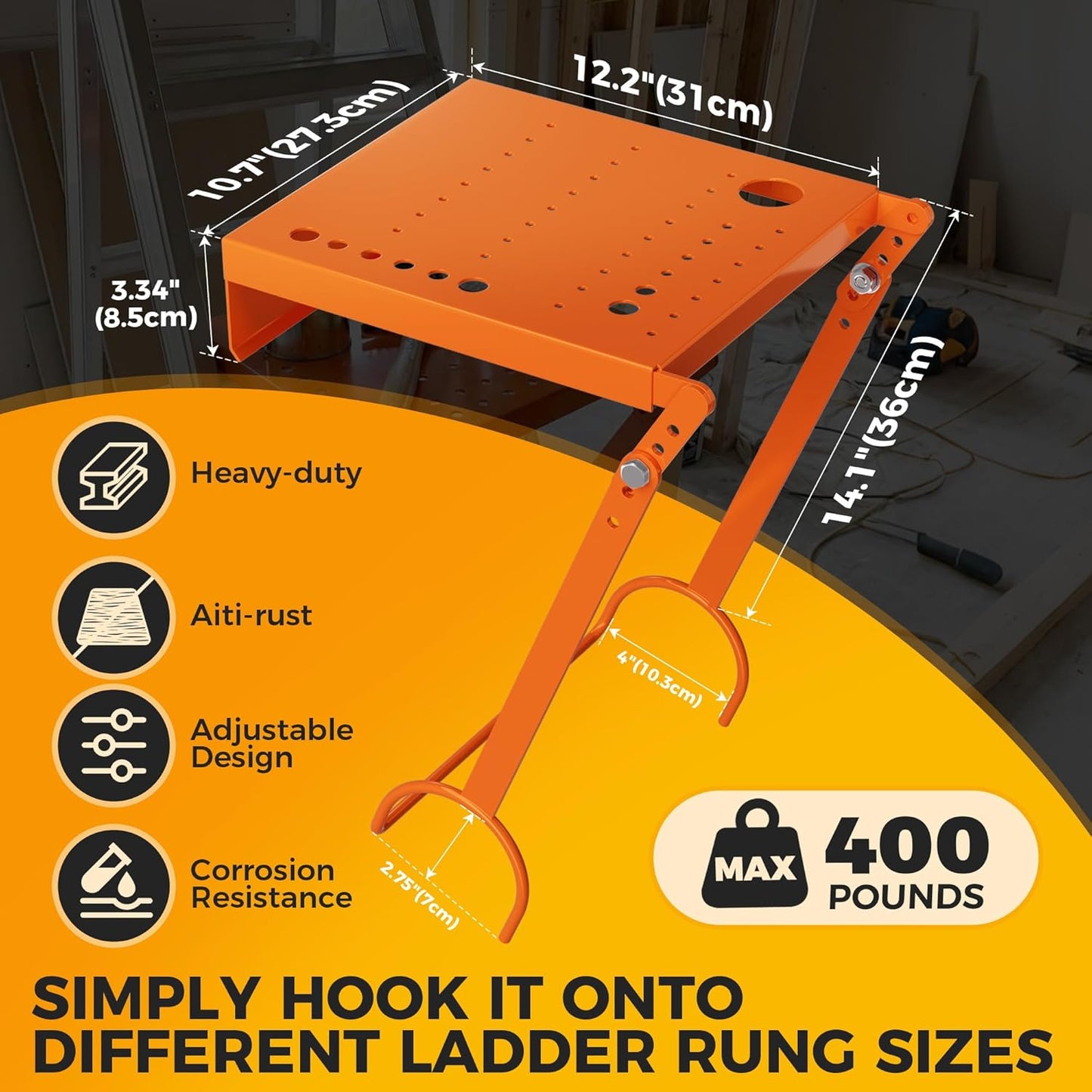 Ladder Work Platform,Ladder Platform Attachment,Anti-Slip Extension Ladder Work Tray,Back-Stress-Relief Ladder Accessories，Multi-Hole Tool Slot for Step Ladders,400P Load Capacity