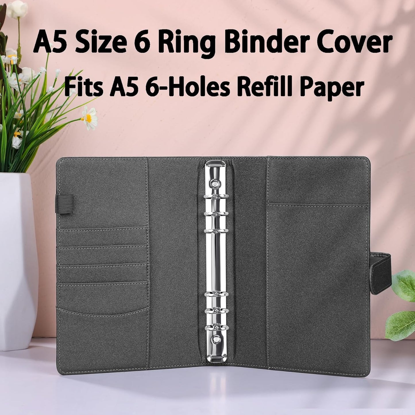 Antner A5 Binder 6 Ring Refillable Notebook Budget Planner Cover for Cash Organizer, PU Leather Loose Leaf Photocard Holder Aesthetic Binder with Magnetic Buckle for A5 Planner Inserts, Glitter Black