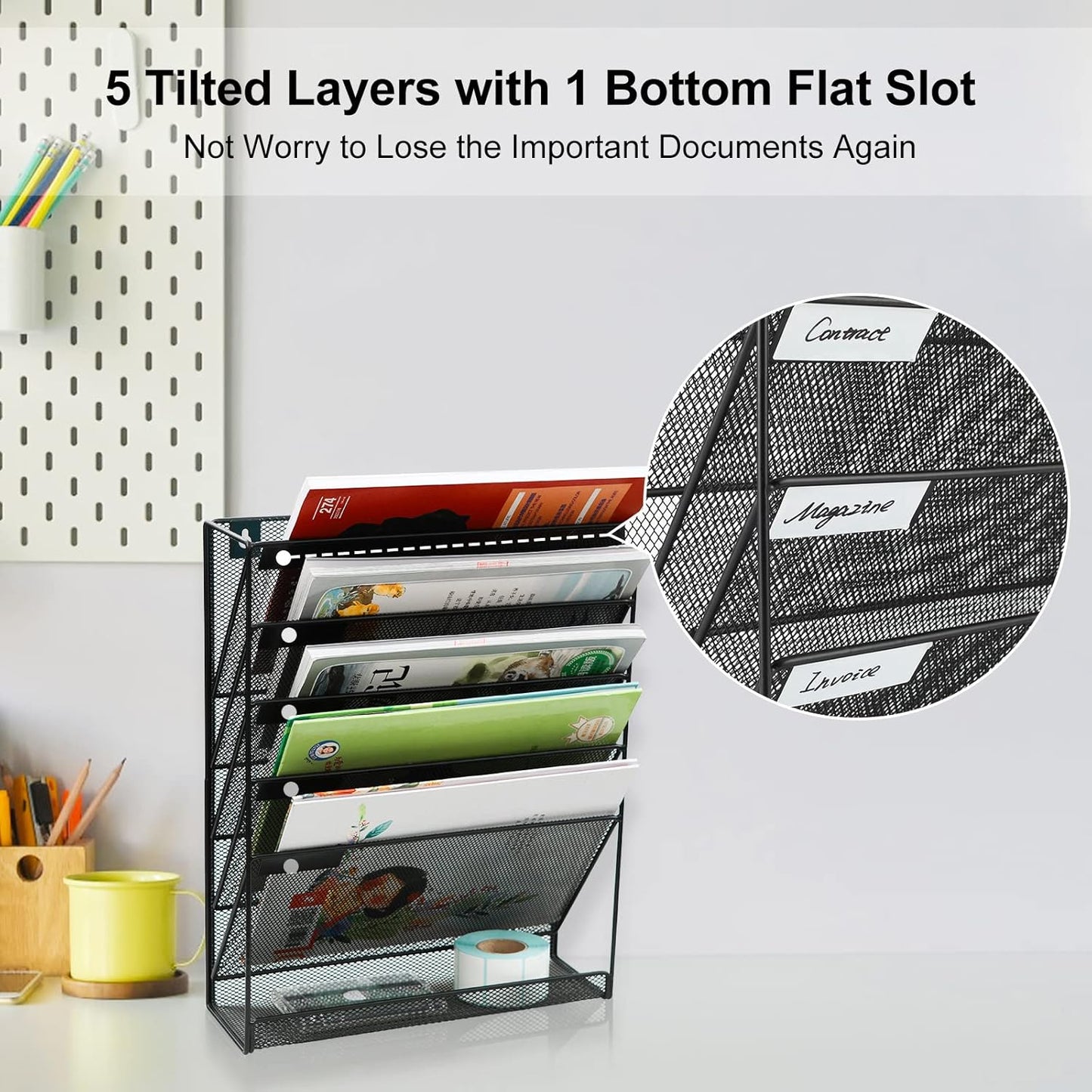 EasyPAG 5 Tier Wall File Holder, Mesh Hanging Folder Organizer with Classify Label, Versatile Desk File Holder, Vertical Wall Mounted Mail Organizer for Office Home Cubicle, Black