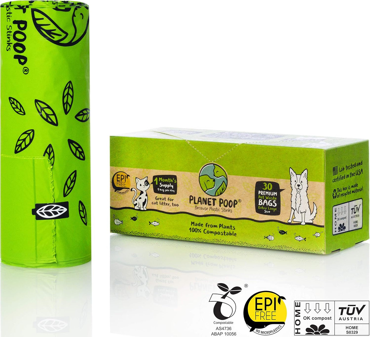PLANET POOP Home Compostable Dog Poop Bags, 30 Count, XL Sized Cat Litter Box Clean-up with Handles, Biodegradable for Dogs Extra-Large Grocery Supplies