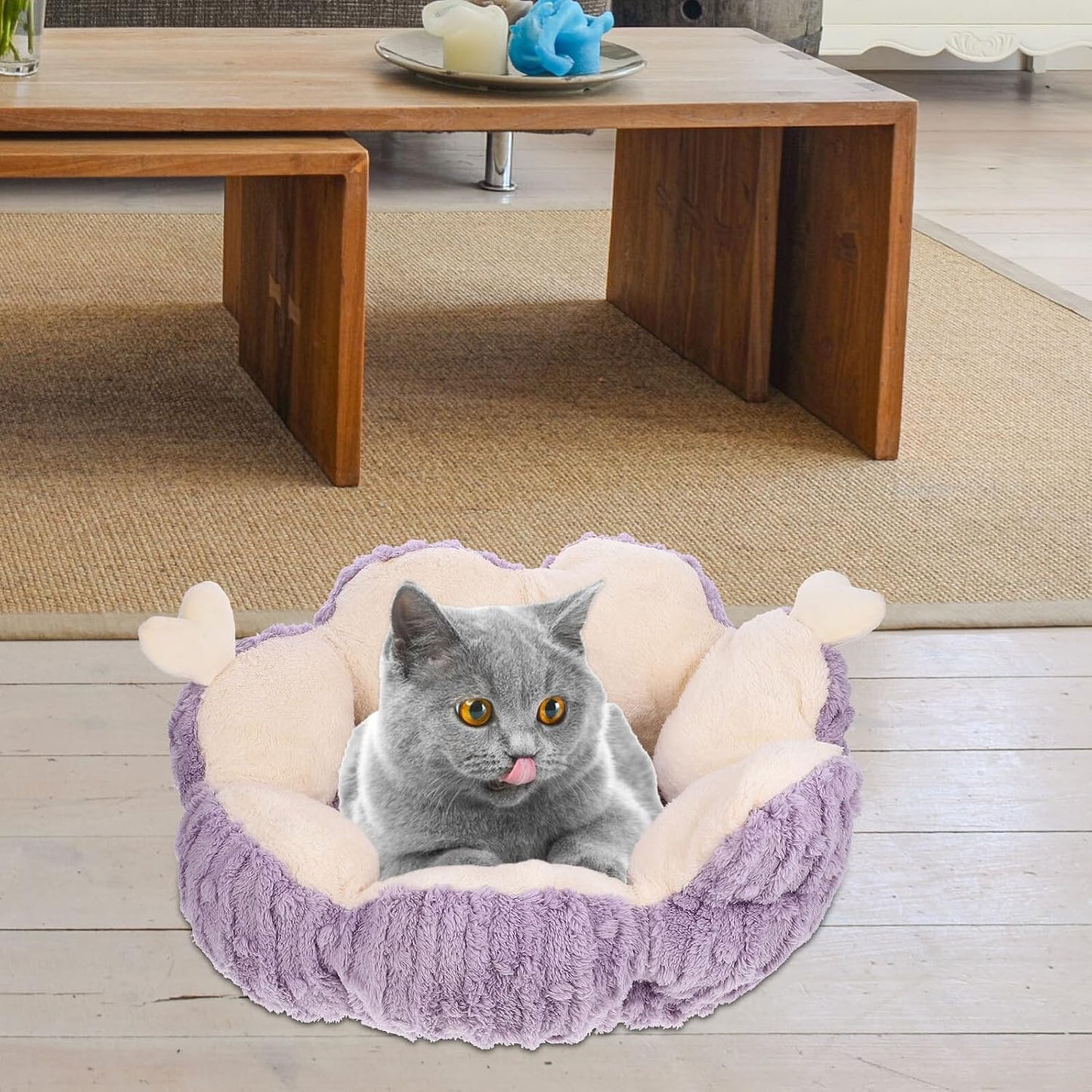 Milisten Self-Warming Cat Bed Thickened Knot Design Detachable Washable Violet Pet Cushion Bed for Indoor Cats and Kittens
