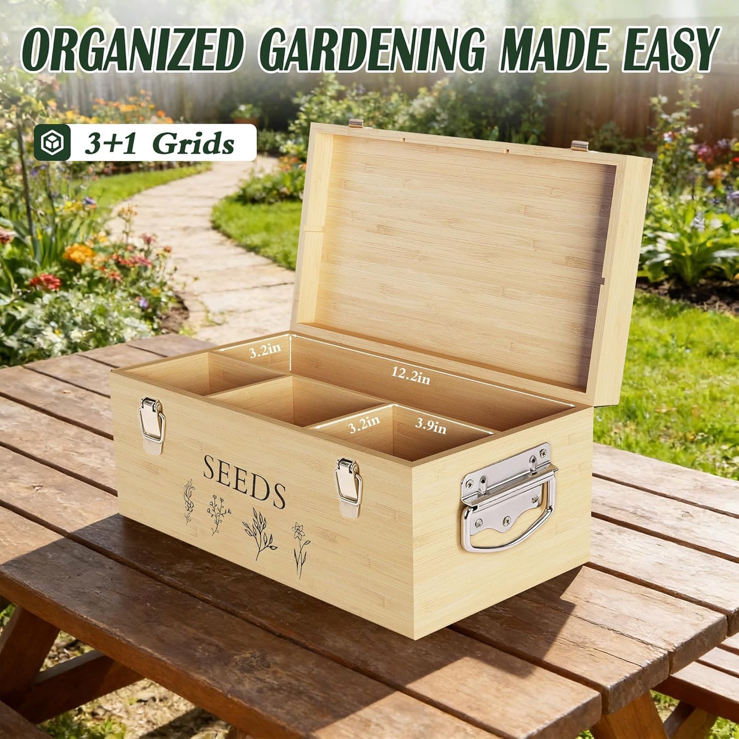 Bamboo Seed Storage Organizer, Large Garden Seed Organizer with Lid & Safety Lock & Handles, Seed Box Storage Organizer Includes Seed Envelopes and Labels etc, Great Gifts Gardening Kit (Wood)