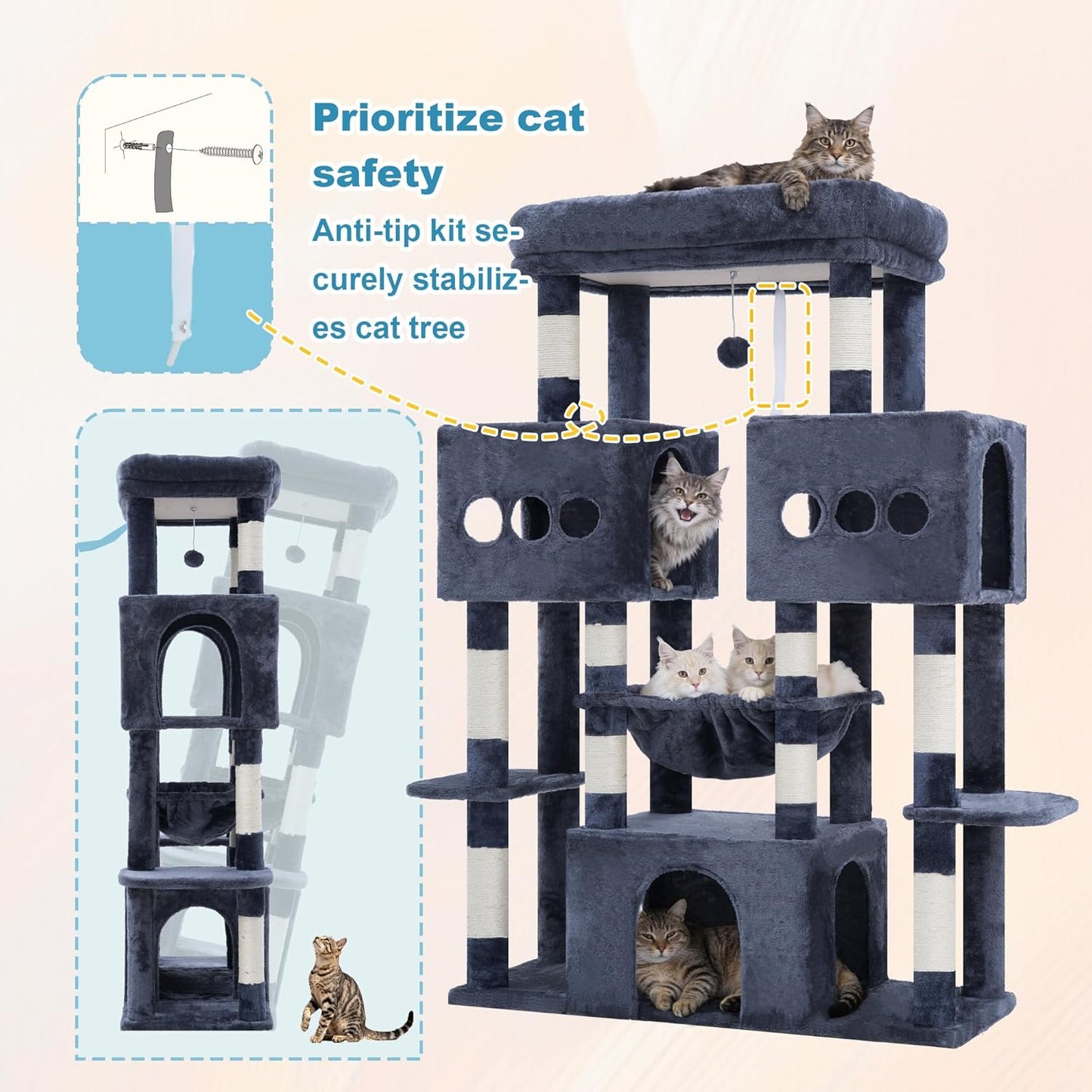 Hey-brother Cat Tree Tower, Large Sisal Scratching Posts with Big Platform, 3 Spacious Condos, Plush Hammock, Toy, 57.5 Inches Multi-Level Furniture for Indoor Adults Maine Coon, Smoky Gray MPJ083G