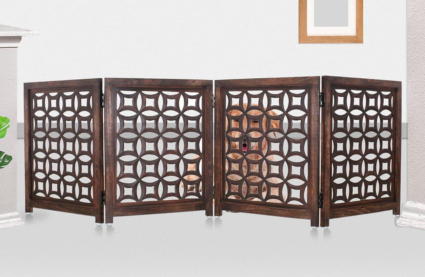 Wooden Foldable Pet Dog Safety Gate -4 Panels 20"Wx24"H- Hand Carved Solid Wood And MDF - Free Standing Portable Indoor Doorway Hall Stairs Dog Puppy Fence - Fully Assembled - Antique Brown -IRONGATE