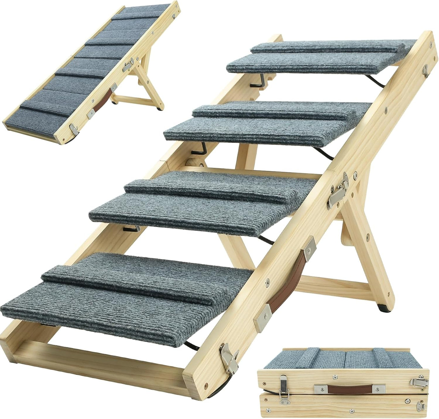 TNELTUEB Dog Ramp, 2-in-1 Dog Stairs for Small Dogs, 32.6" Long, Adjustable 8.5"-18" Pet Ramp with Non-Slip Traction Mat, Folding Portable Wooden Dog Steps for Bed, Couch, Car, Rated for 30 LBS (Grey)