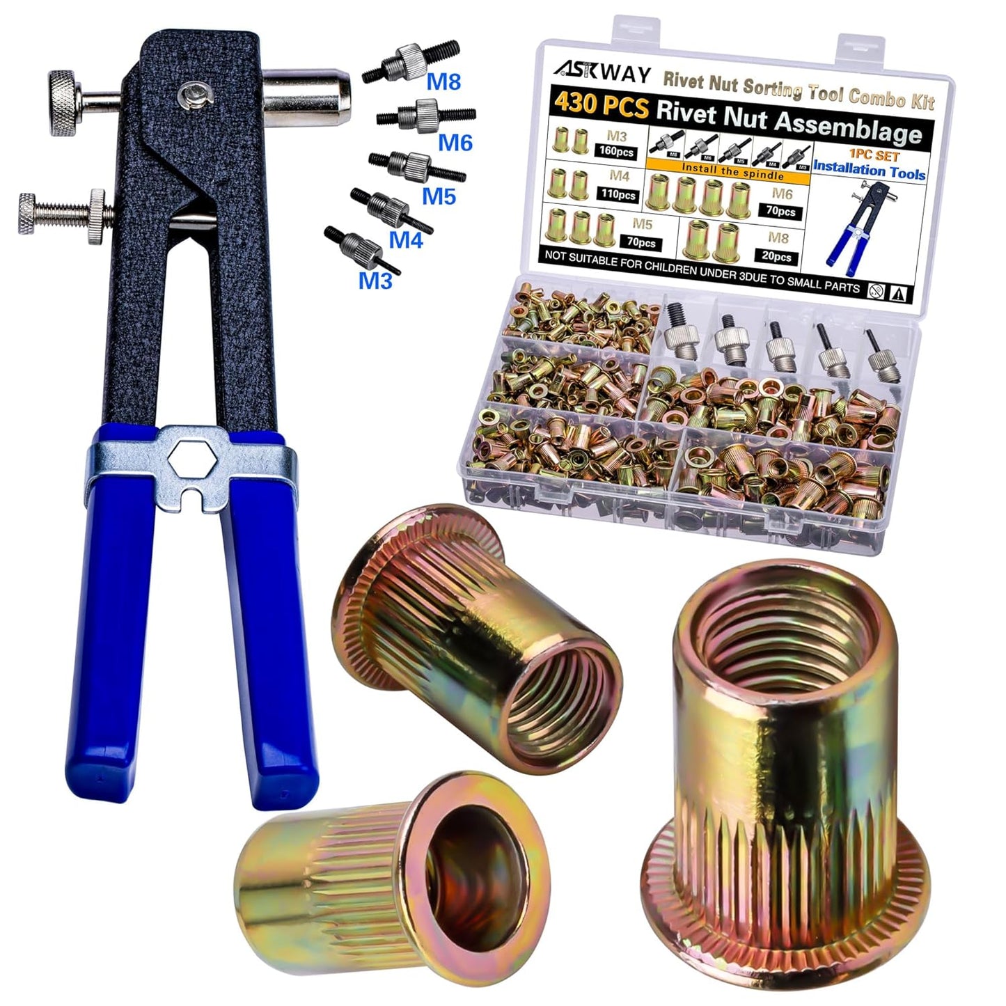 Pressure Rivet Nut Tool Kit, 430Pcs Metric Rivet Nut Combination (M8/M6/M5/M4/M3), Suitable for Furniture, Decoration, Automotive, Marine and Industrial Applications
