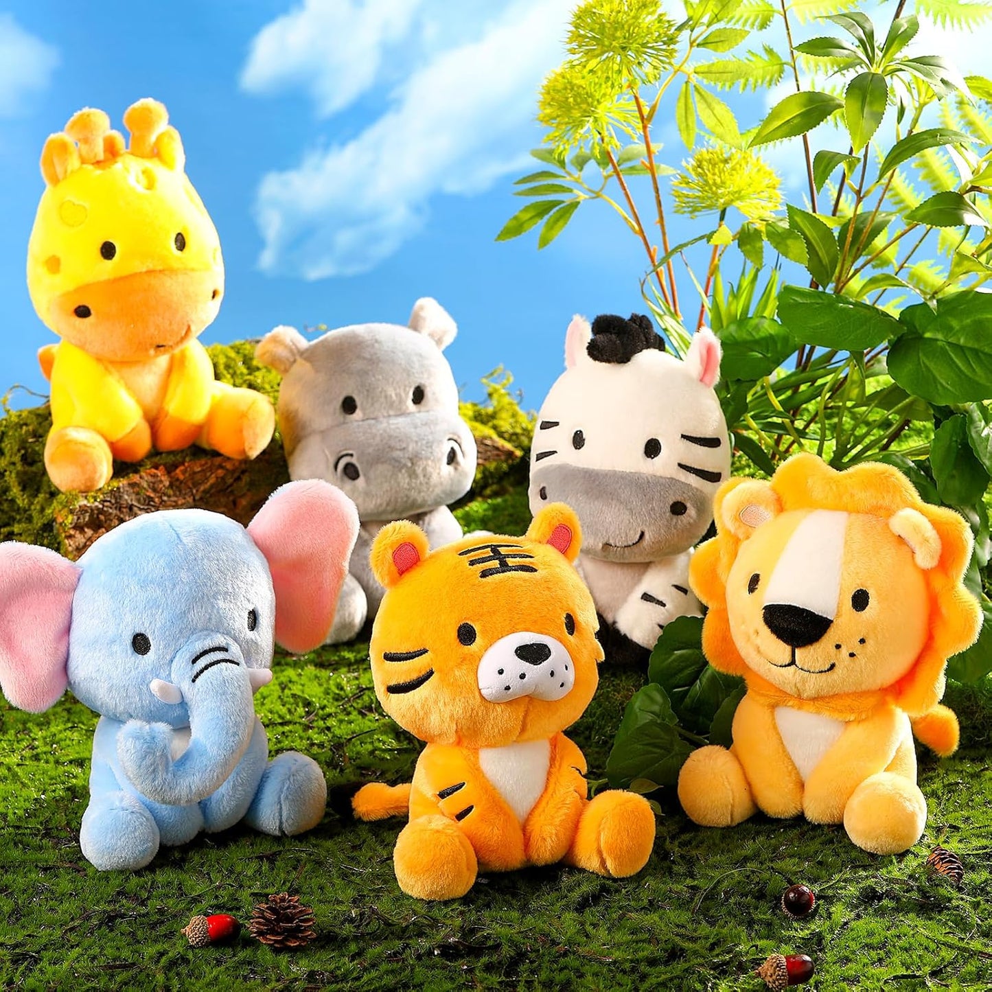 6 Pcs Small Stuffed Safari Animals Bulk, 7 Inch Jungle Animals Stuffed Toys, Adorable Plush Lion Zebra Giraffe Tiger Hippo Elephant for Baby Shower Safari Jungle Themed Party Student Award