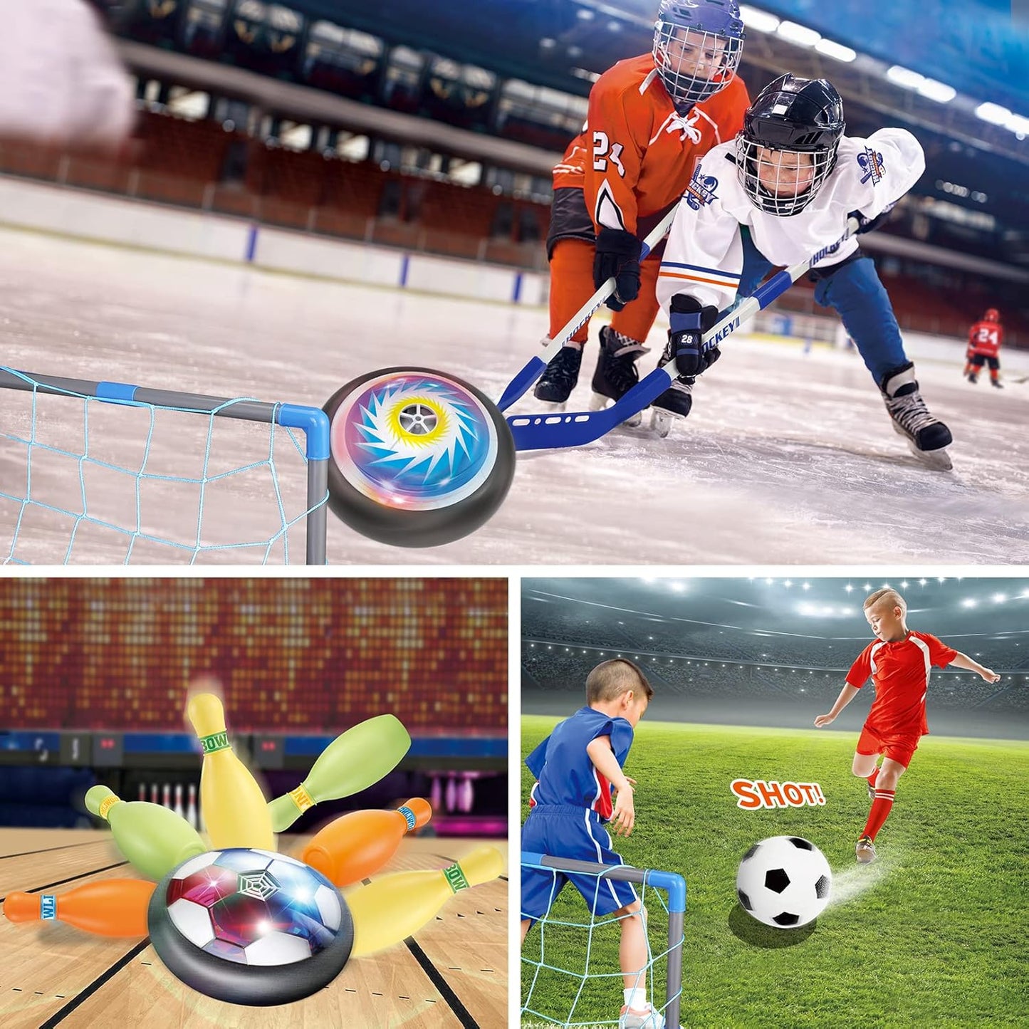 HopeRock 3-in-1 Hover Soccer Ball Hockey Bowling Set, Indoor and Outdoor Toys for Kids Ages 3-12, Outside Toys with LED Lights, Christmas Birthday Gifts for 3 4 5 6 7 8 9+ Year Old Boys Girls
