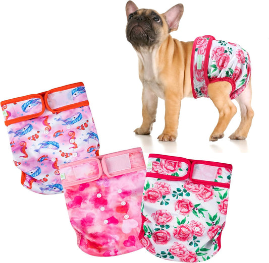 wegreeco Frenchie Dog Diapers Female No Tail Hole,Washable Pet French Puppy Bulldog Diapers Female for Period Heat,Reusable Doggy Doggie Dog Diapers （Ocean of Flowers Medium）