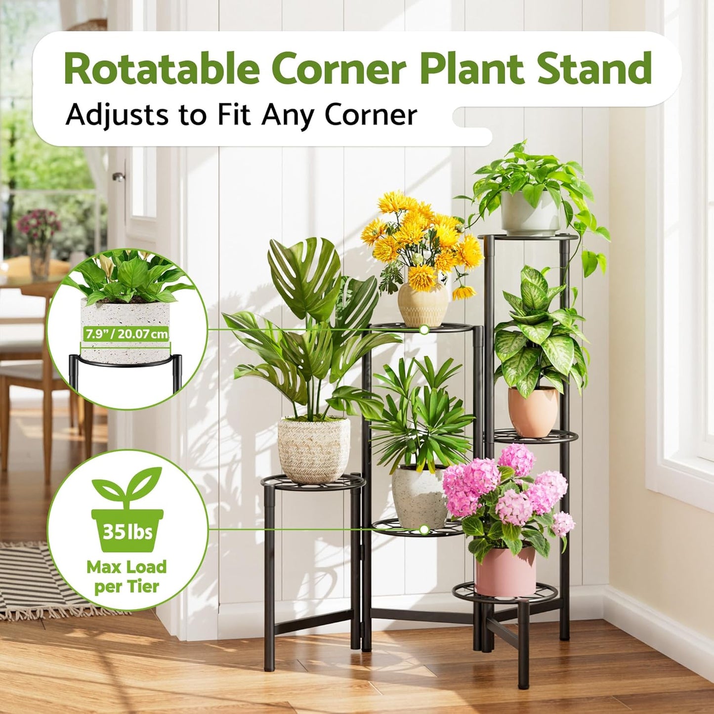 6 Tier Metal Plant Stands Outdoor Indoor, Heavy Duty Flower Pot Holder Potted Display Rack Shelf, Tall Corner Plant Shelf for Patio Garden Balcony Living Room Bedroom -BlackDiamond