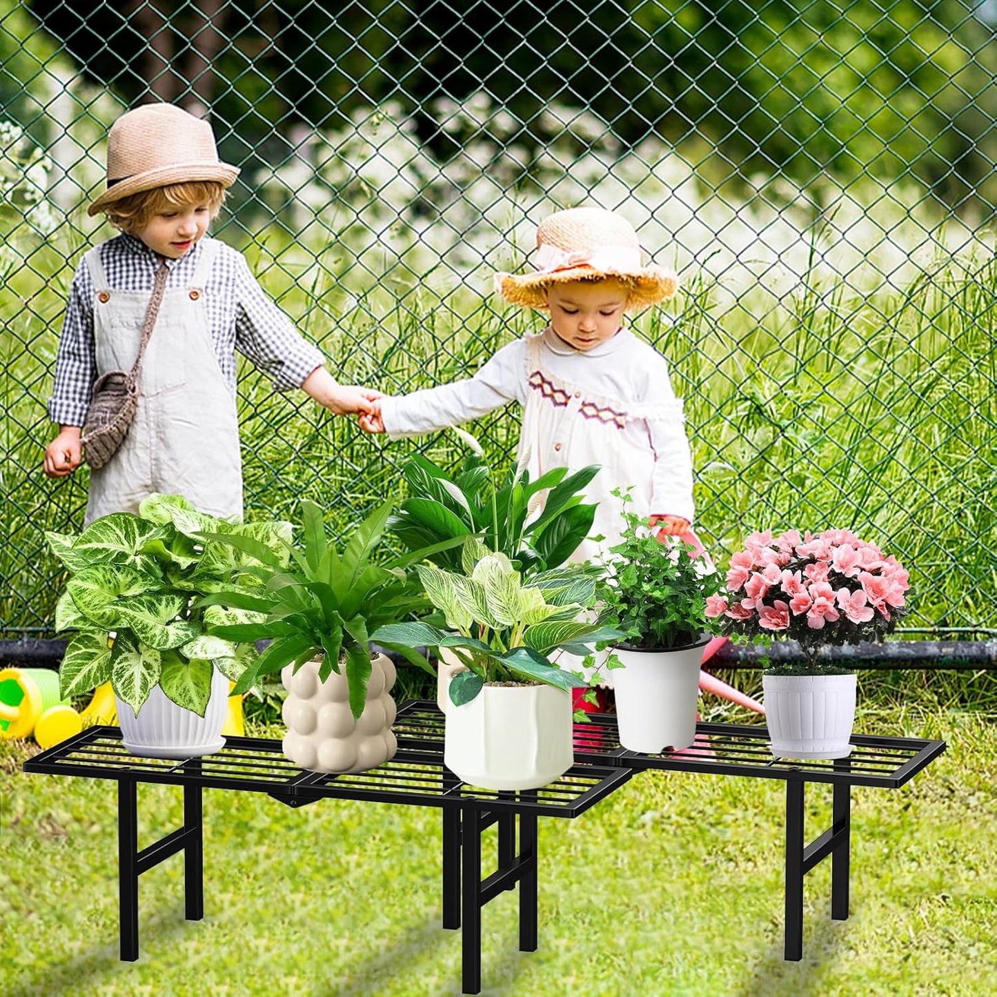 2 Pack 1 Tier Plant Stand Indoor Outdoor- Foldable Metal Plant Shelf, 8.7" Narrow Space-Saving Design for Multiple Plants, Modern Flower Pot Holder Display for Garden Patio Balcony, Black