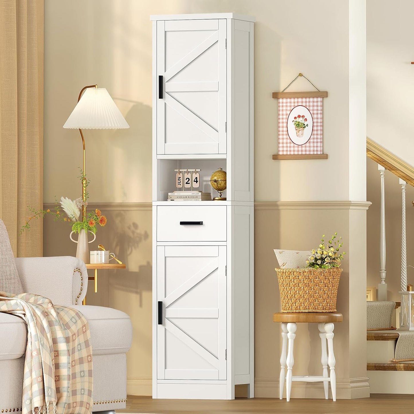 TEENFON 67" H Bathroom Storage Cabinet with Barn Doors & Adjustable Shelves, Bathroom Cabinet with Drawer, Narrow Bathroom Storage Unit, Floor Cabinets for Living Room, Kitchen, White