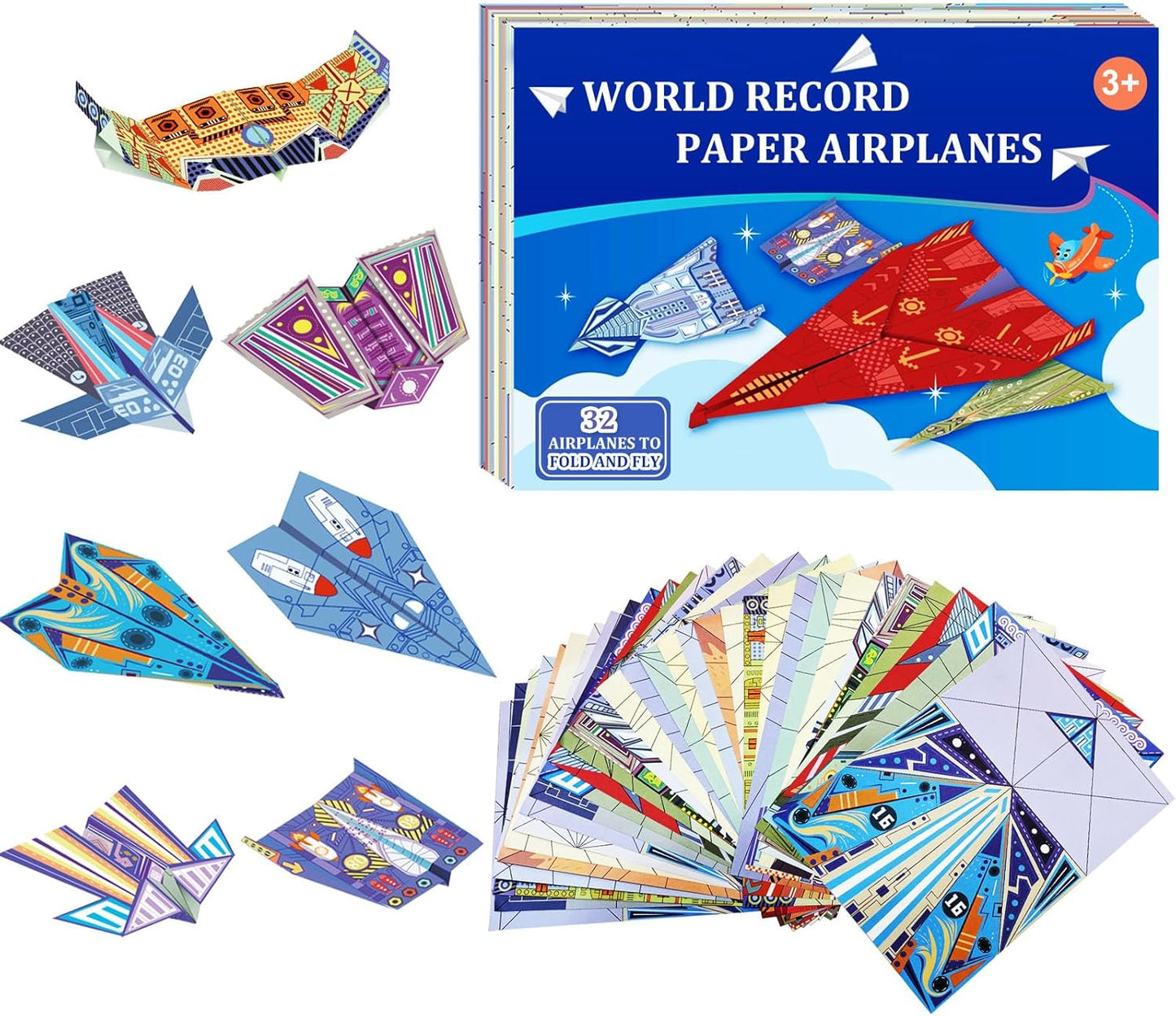 Paper Airplane Kits with 16 Classic Designs, 32 Sheets of Colorful Origami Paper, World Record Paper Planes, Crafts for Boys Ages 6-12+ , Easter Basket Stuffers and Gift for Boys(Digital Manual Only)