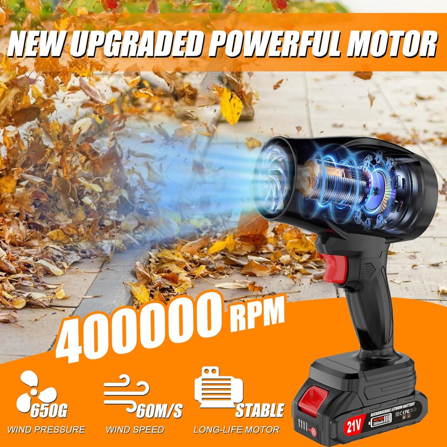 Leaf Blower Cordless with Battery and Charger, 21V Hand Held Blower, Turbo Air Jet Blower, Portable Handheld Leaf Blower with Adjustable Speed for Patio, Lawn Care, Car Snow, Blowing Leaves and Dust