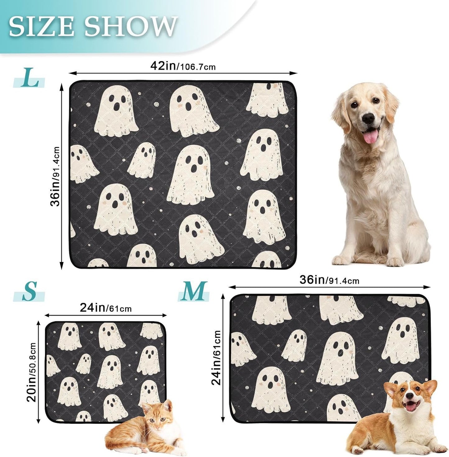Cute Halloween Ghost Blacck Washable Pee Pads for Dogs Reusable Puppy Pad Super Absorbent Non Slip Lightweight Protect Pet Pads Couch Playpen Housebreaking 2Pack Medium and Large