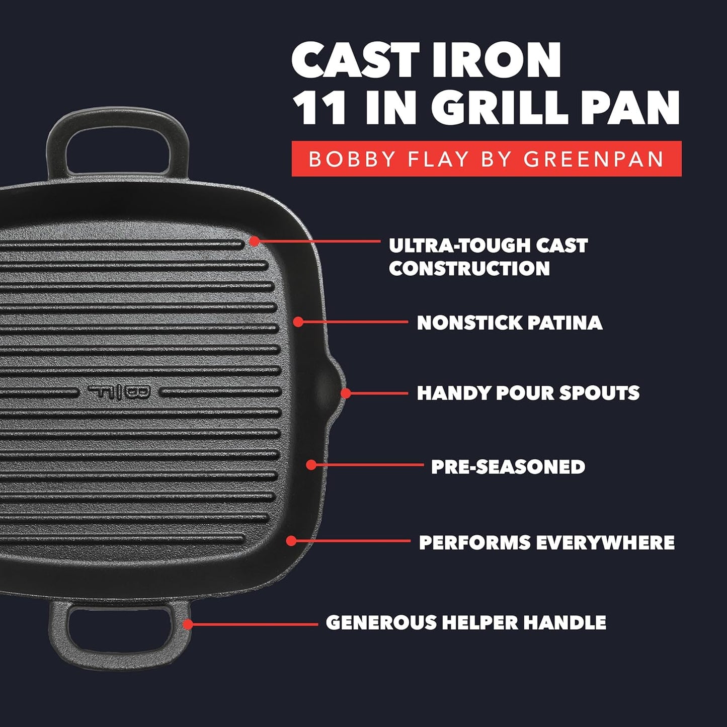 GreenPan x Bobby Flay Cast Iron 11” Square Grill Pan, Pre-Seasoned Professional Grade Heavy Duty Skillet, Helper Handles, Induction Suitable, Stovetop, Oven, BBQ & Fire, Indoor & Outdoor Use, Black