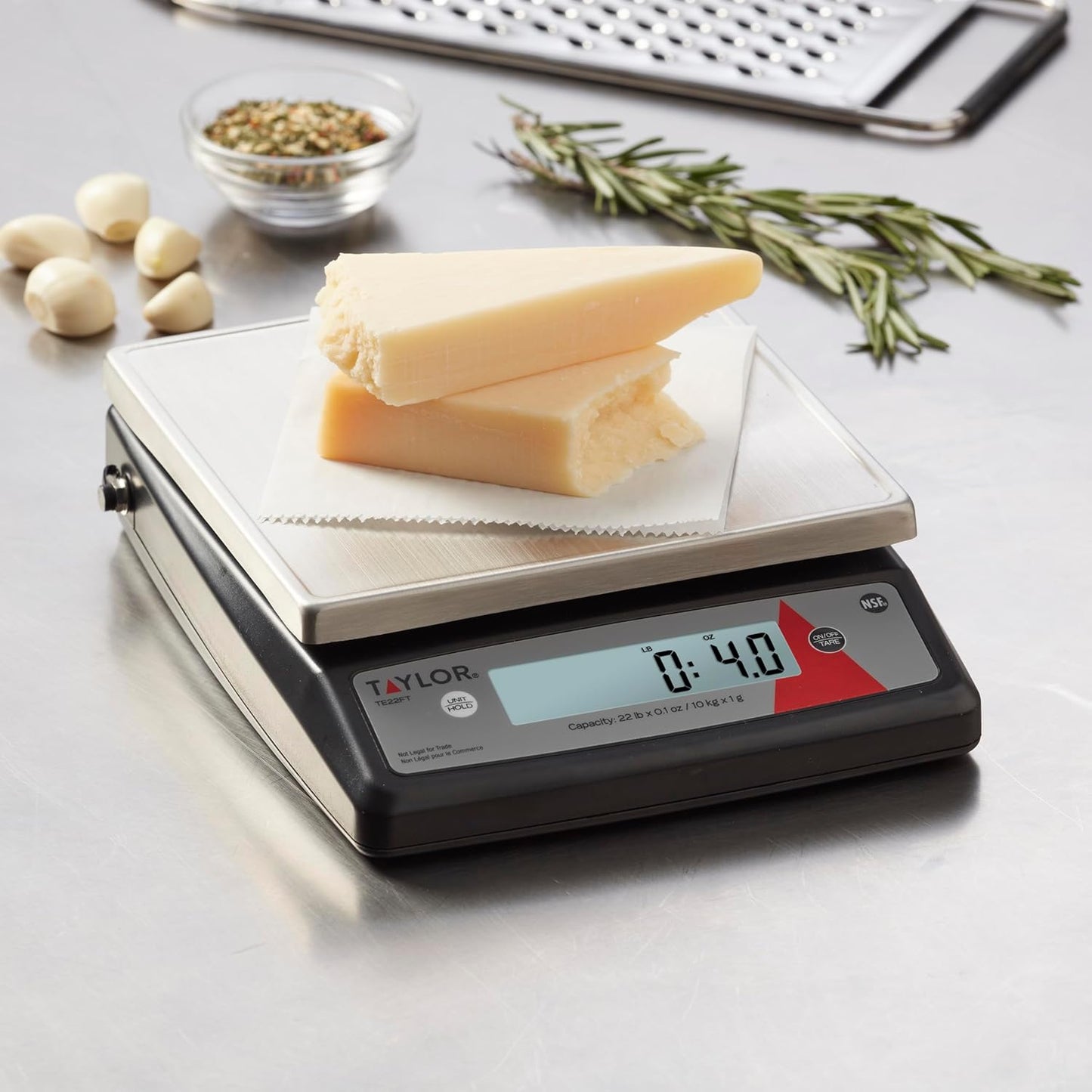 Taylor TE22FT 22-Pound Digital Portion Control Scale, Food Scale for Precise Weight Measuring and Portion Control, Tare and Hold Function, NSF, Stainless Steel Platform