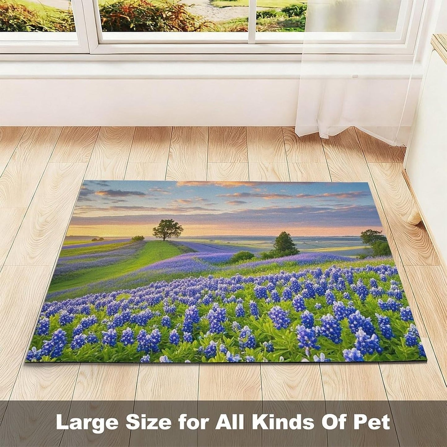 Dog Food Mat Pet Leather Tablecloth Texas Bluebonnets Scenery Pet Feeding Mat Anti-Slip Dog Bowl Mats Absorbent Pet Placemats for Dogs Protect Floor Dogs Pad for Food and Water