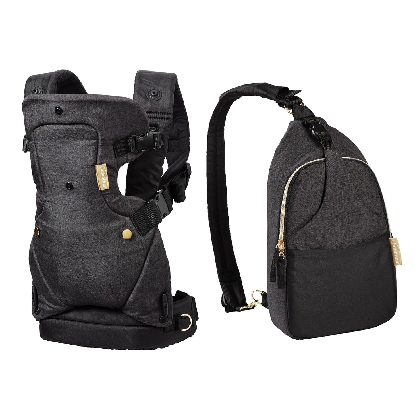 The Infantino Flip 4-in-1 Convertible Baby Carrier & Crossbody Diaper Bag - Grow-with-Me Carrier with Attachable Crossbody Diaper Bag, Black and Gold, 2-Piece Set