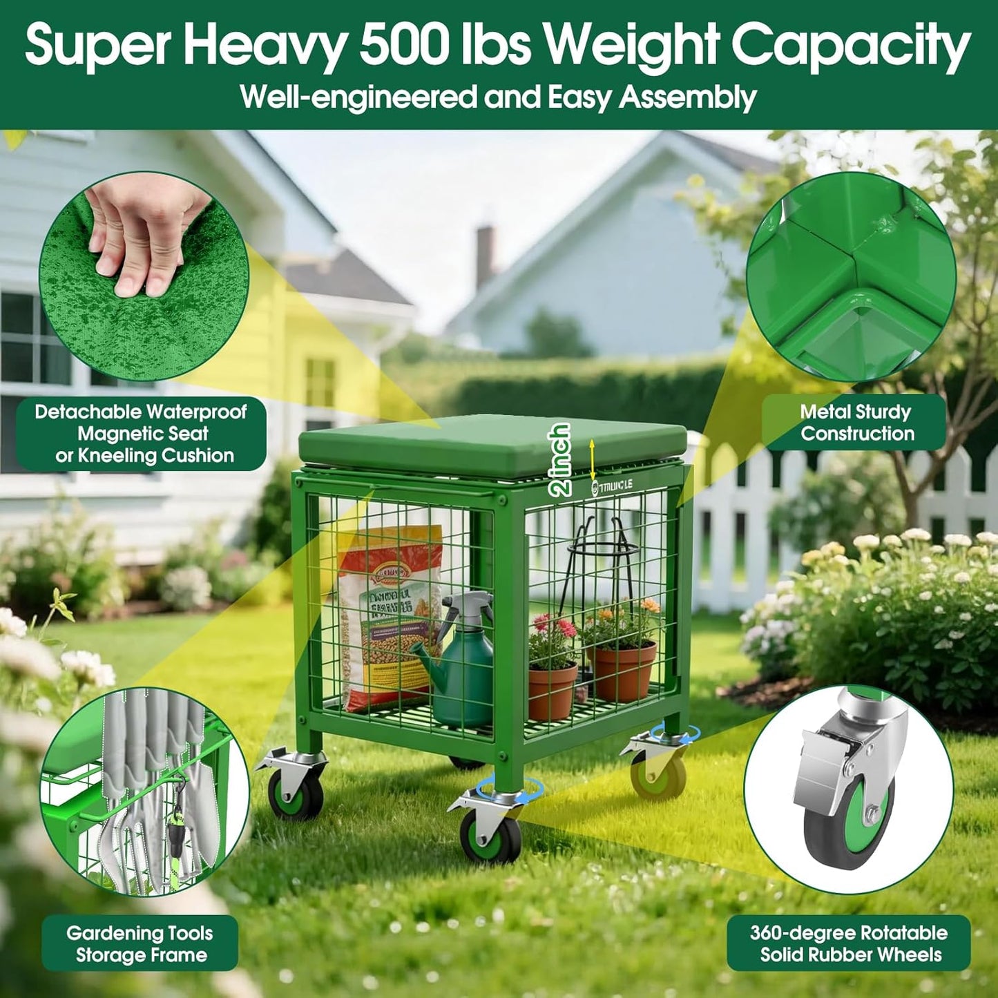 3 IN 1 Rolling Garden Cart with Kneeler and Seat on Wheels, Heavy Duty 500 Lbs Upgraded Garden Work Seat, Metal Garden Stools for Seniors, Multifunctional for Lawn/Patio/Backyard Outdoor Use