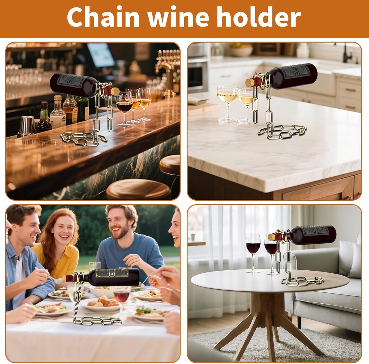 TBWHL Novelty Magic Wine Bottle Holder Floating Steel Link Chain Wine Bottle Rack/Holder - Holds Bottles in The Air, Unique Levitating Wine Bottle Stand for Home Bar, Kitchen, or Party Deco（Gold）