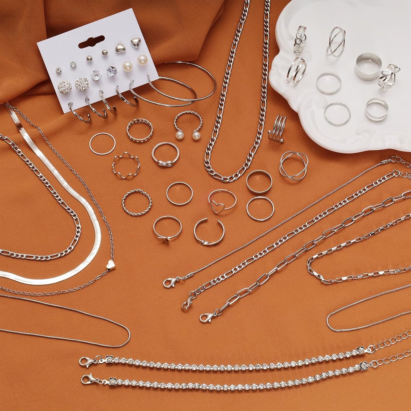 Silver Jewelry Set for Women Layered Bracelets Ball Dangle Hoop Earrings Stackable Knuckle Rings Set Dainty Adjustable Necklaces Valentine Anniversary Trendy Party Costume Accessories Jewelry