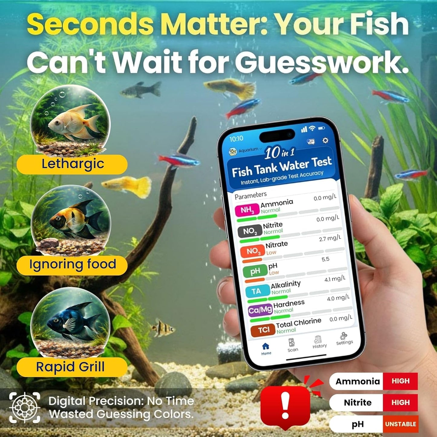 Digital Aquarium Water Test Kit, App-Enabled 10-in-1 Freshwater & Saltwater Aquarium Test Strips for Fish Tanks, Shrimp, Reef Test Strips, pH, Ammonia, Nitrate, Nitrite, GH, KH, Chlorine
