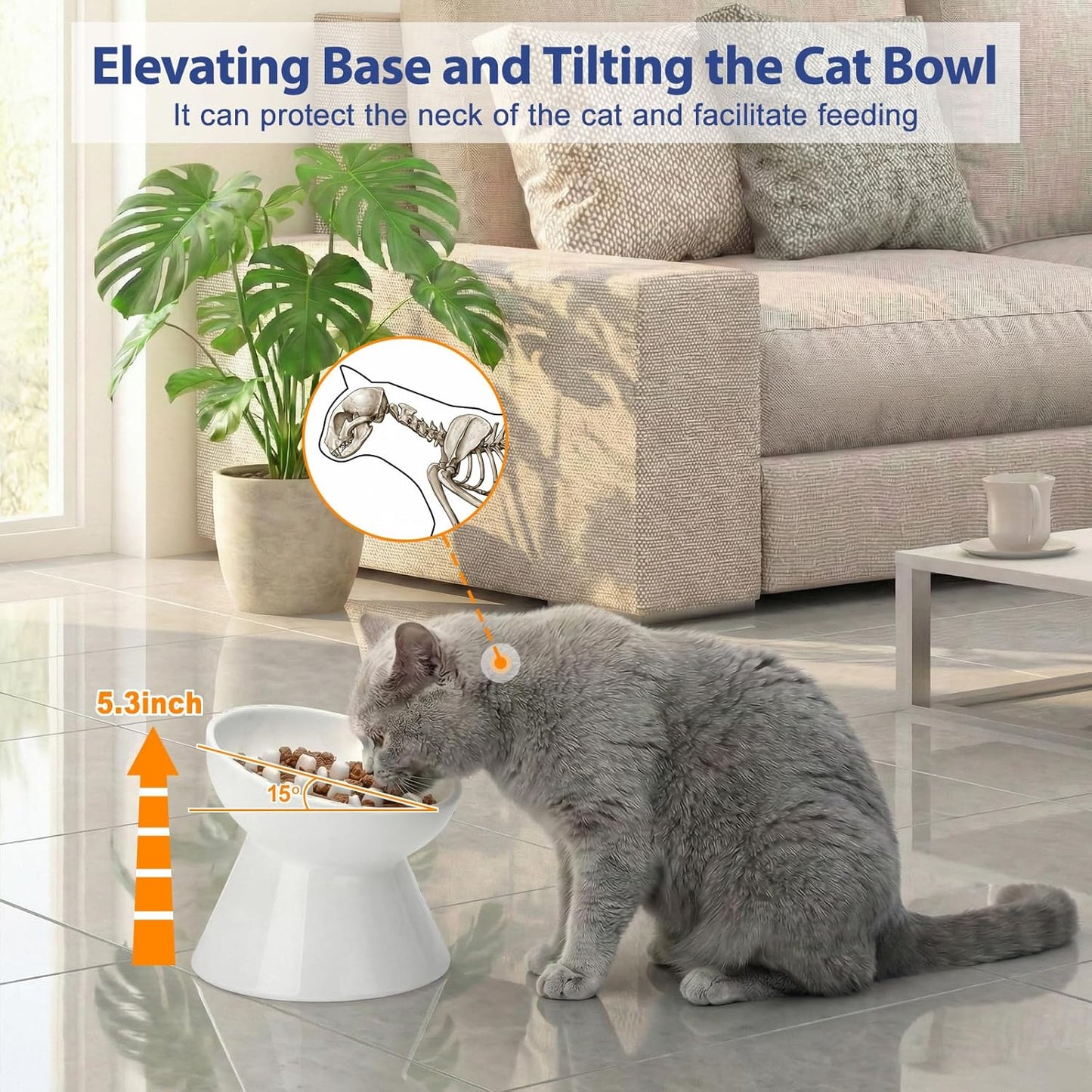 Ceramic Slow Feeder Cat Bowl, Tilted Elevated Cat Slow Feeder Bowl for Dry and Wet Food, Honeycomb Design for Preventing Vomiting & Bloating (White-Honeycomb Style, 5.9 inch)