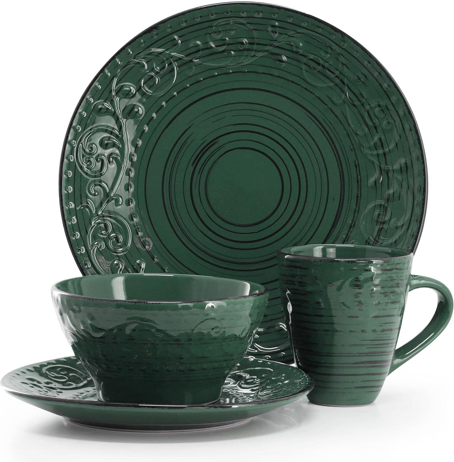 Elama Malibu Sea Glass 16-Piece Stoneware Embossed Pattern Reactive Glaze Dark Green Dinnerware Set, Tableware, Serveware Set (Sea Glass Green)