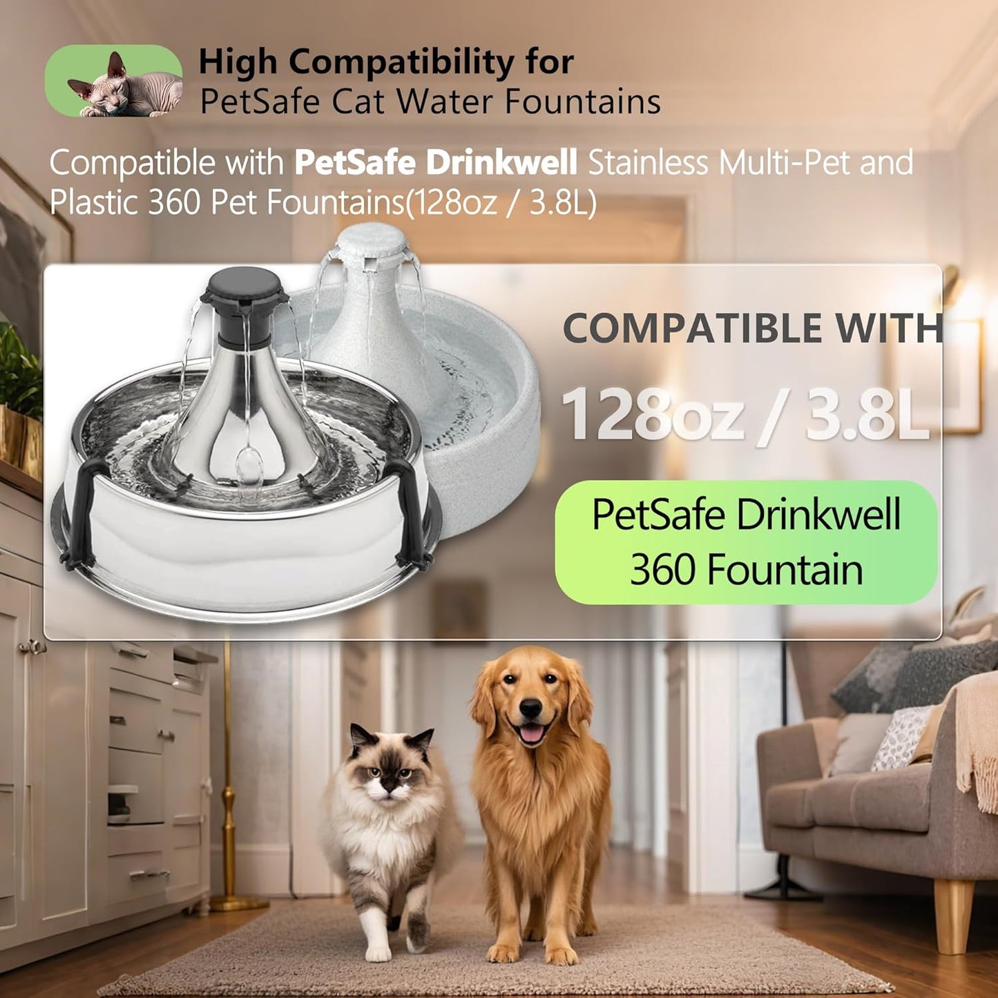 8+8 Pack Premium Cat and Dog Water Fountain Charcoal Filters Compatible with PetSafe Drinkwell 360 Multi-Pet Stainless Steel & Plastic Pet Fountains(128oz/3.8L) with Replacement Foam Filter