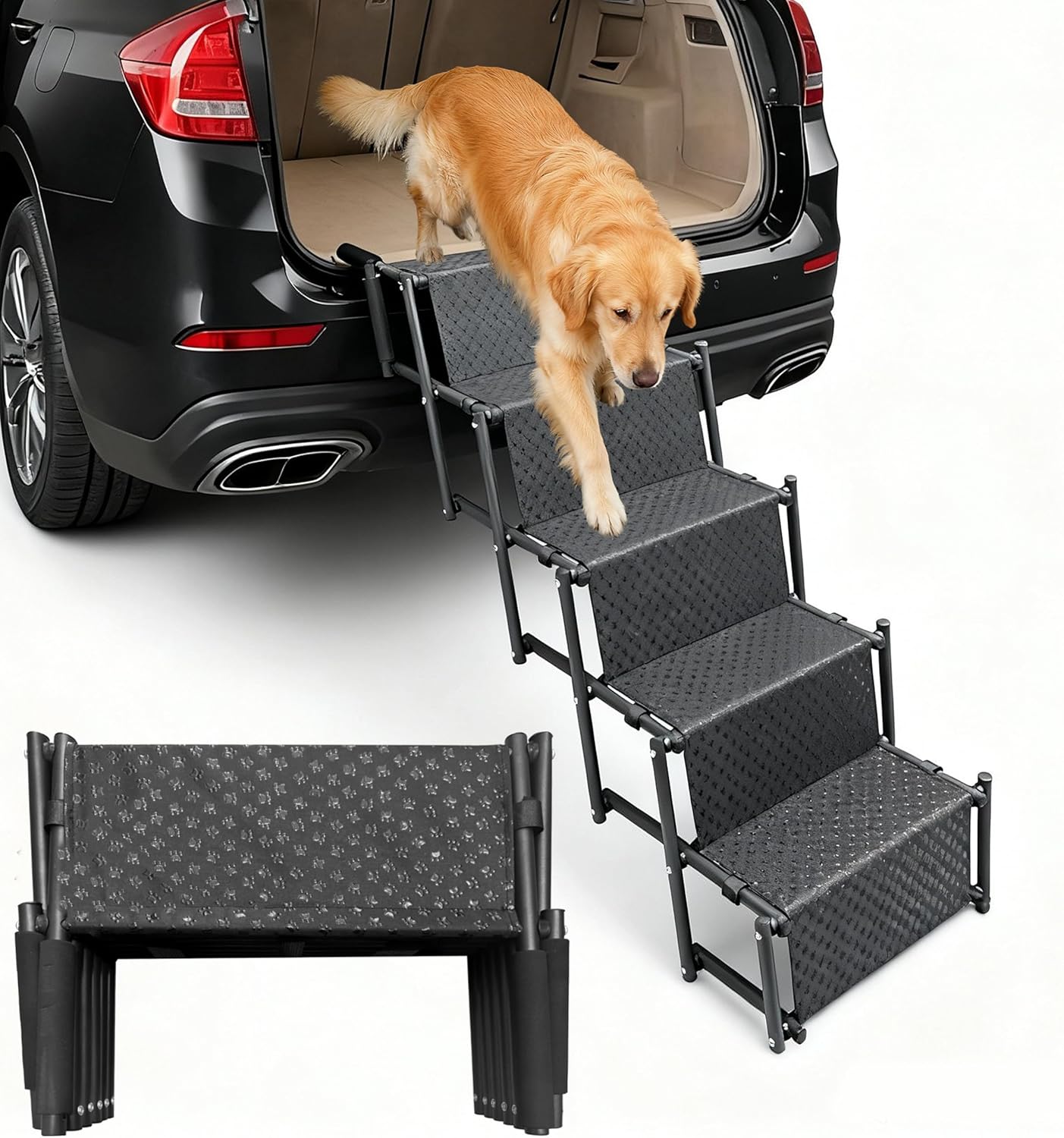 Dog Ramps for Car- Foldable Ramp for Dogs, A Portable Dog Stair Case Suitable for High Places Such As Cars, SUVS, Trucks. Lightweight, Non Slip, Can Support Up to 200 Lbs (5 Steps)