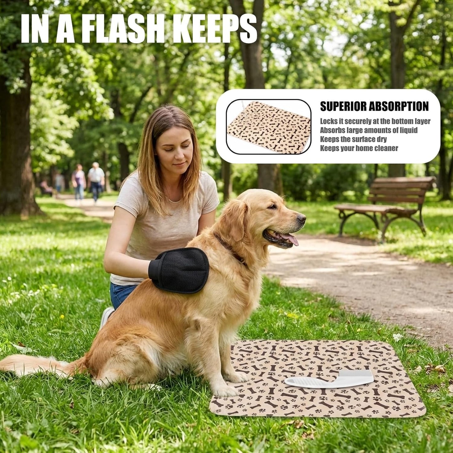 3-Piece Set with 23.62 x 11.81Inches Comb and Gloves for Potty Training and Post-Surgery Care, Dog Pee Pads with Pheromones,Reusable Polyester Pads for Hyperactive Dogs and Multi-Pet Households