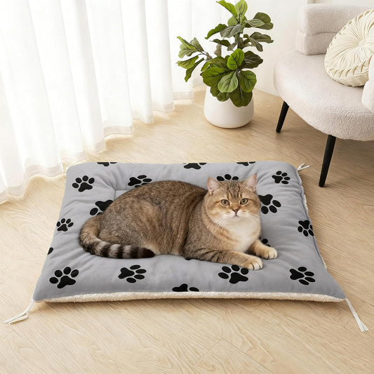 Paw Print Dog Bed Mat - Grey Washable Pet Crate Pad for Dogs & Cats - Soft Fleece Kennel Liner, Home & Travel Cushion (M)