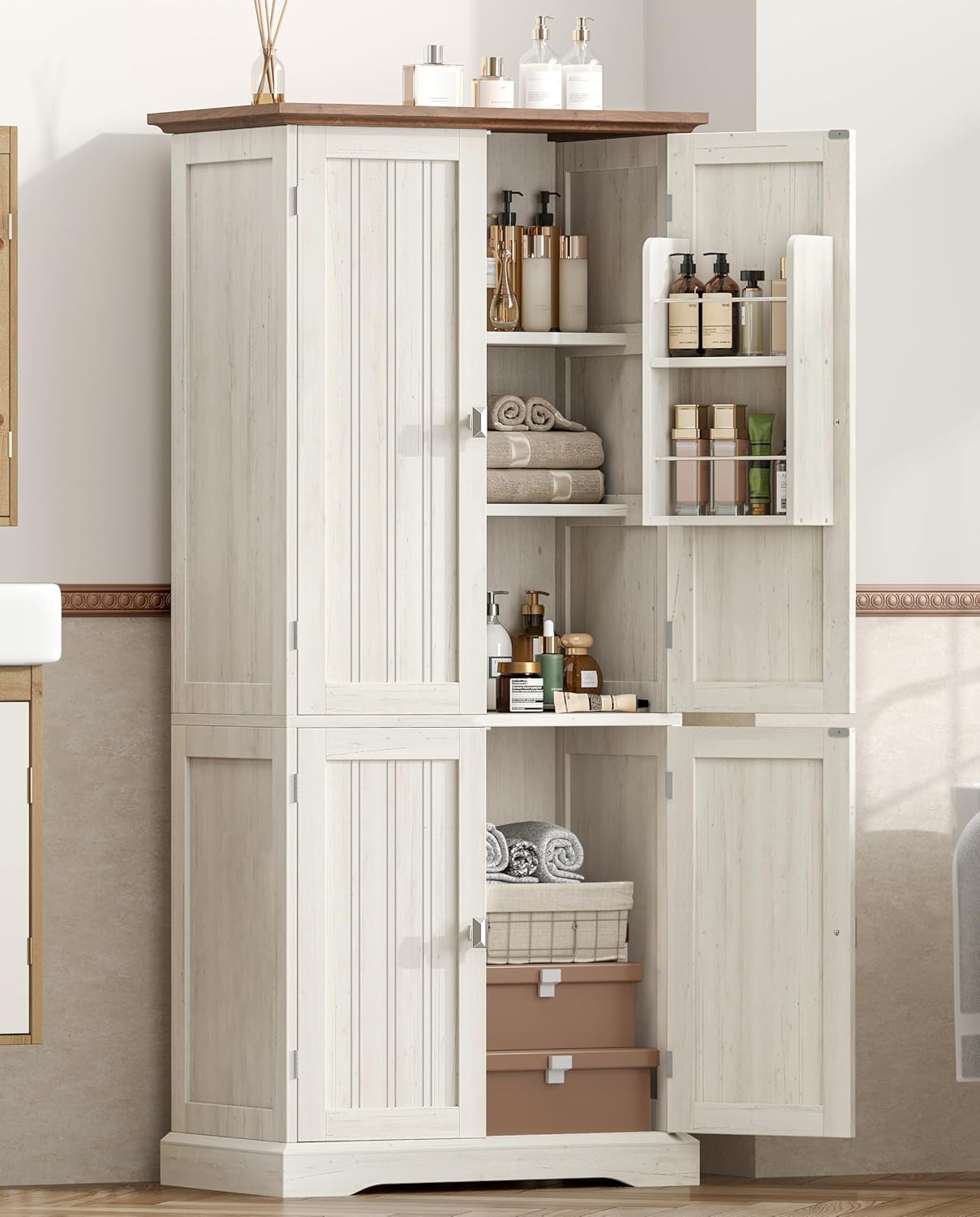 53.1" H Tall Bathroom Storage Cabinet with 4 Door Shelves, Linen Bathroom Floor Cabinet with 4 Doors, Pantry Cabinet for Bathroom, Living Room, Kitchen, Rustic White