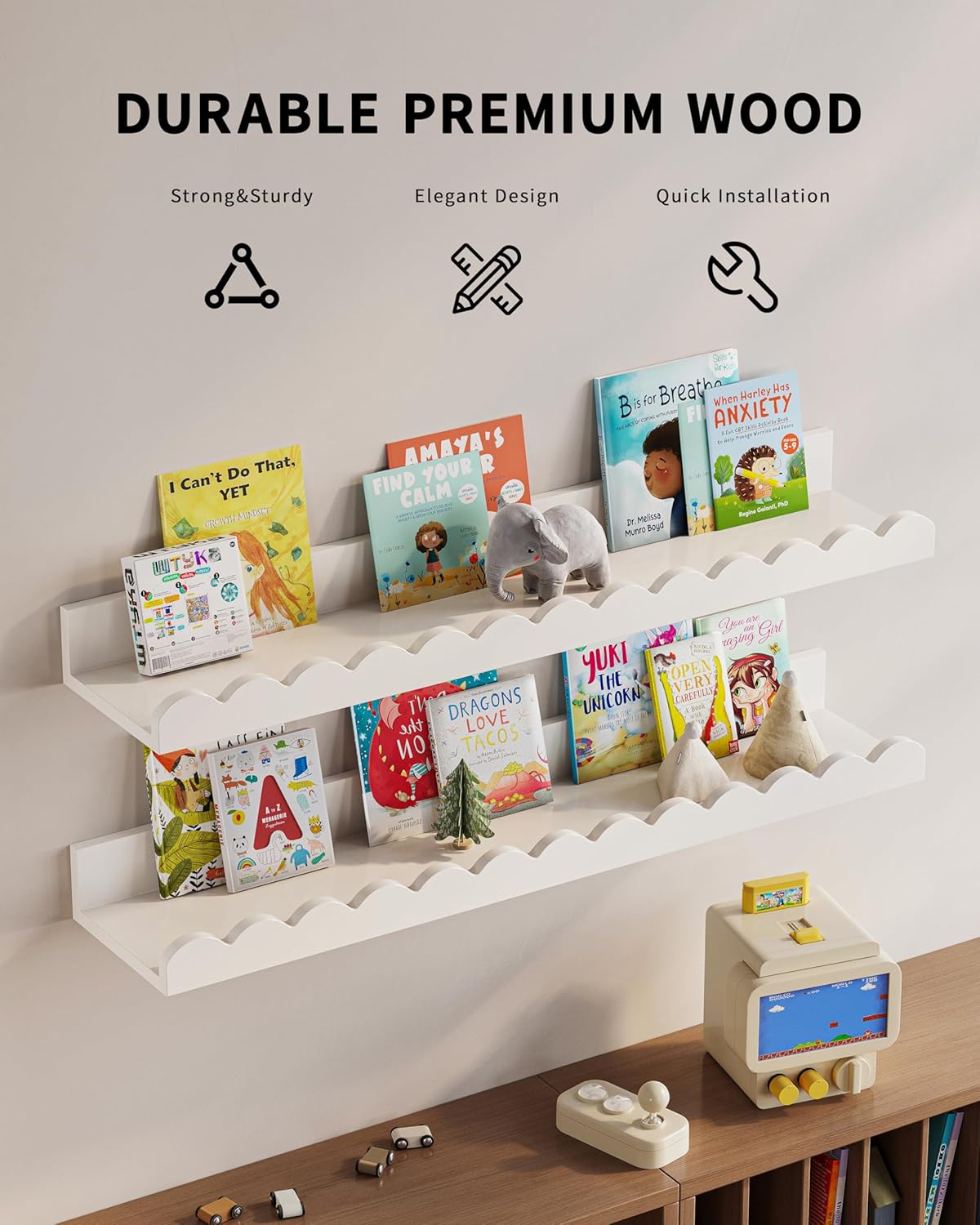 G&W Gruwald Nursery Book Shelves, Set of 3, Nursery Decor for Baby and Toddler, Scalloped Shelves, Book Shelf for Kids Rooms, Wall Book Shelf for Bedroom Kids, Floating Shelf for Wall