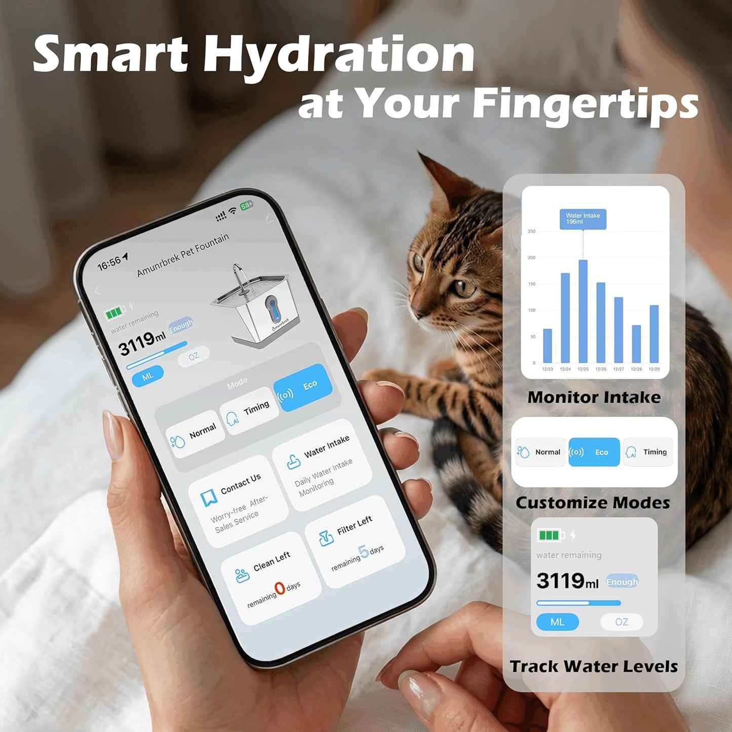 Wireless Cat Water Fountain, 3.5L Stainless Steel, Smart App & Motion Sensor Control, Battery Operated, Silent Pump, Low Water Alert & Drinking Tracking
