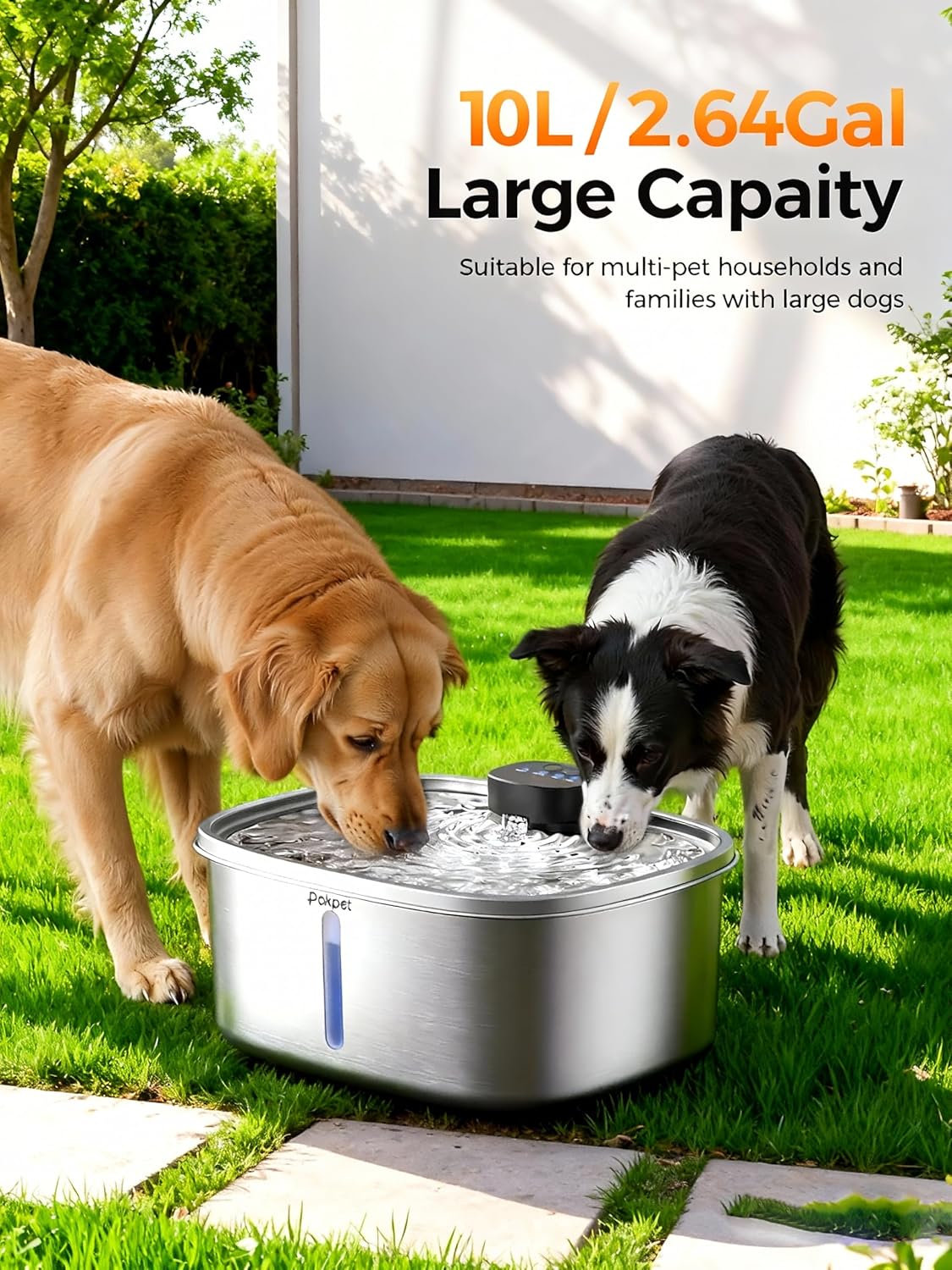 Water Fountain for Dogs Home Outdoor Multi-Pet Stainless Steel 10L/2.64gal Wireless Large Dogs Motion Sensor Dispenser Filtered Cordless Bowl Waterer -Wireless Stainless Steel&1Filters