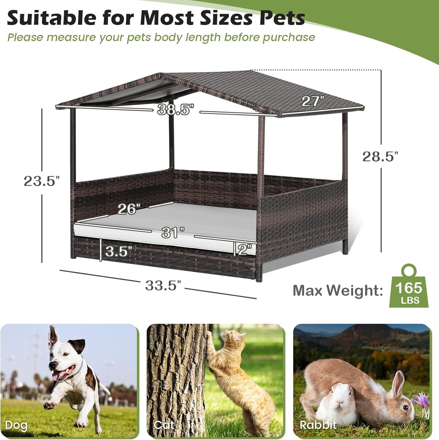 Tangkula Wicker Dog House, Indoor Outdoor Raised Rattan Dog Bed w/Removable Cushion, Washable Cover, Weatherproof Roof, Rattan Puppy Shelter w/Elevated Floor for Small Medium Dogs (White)